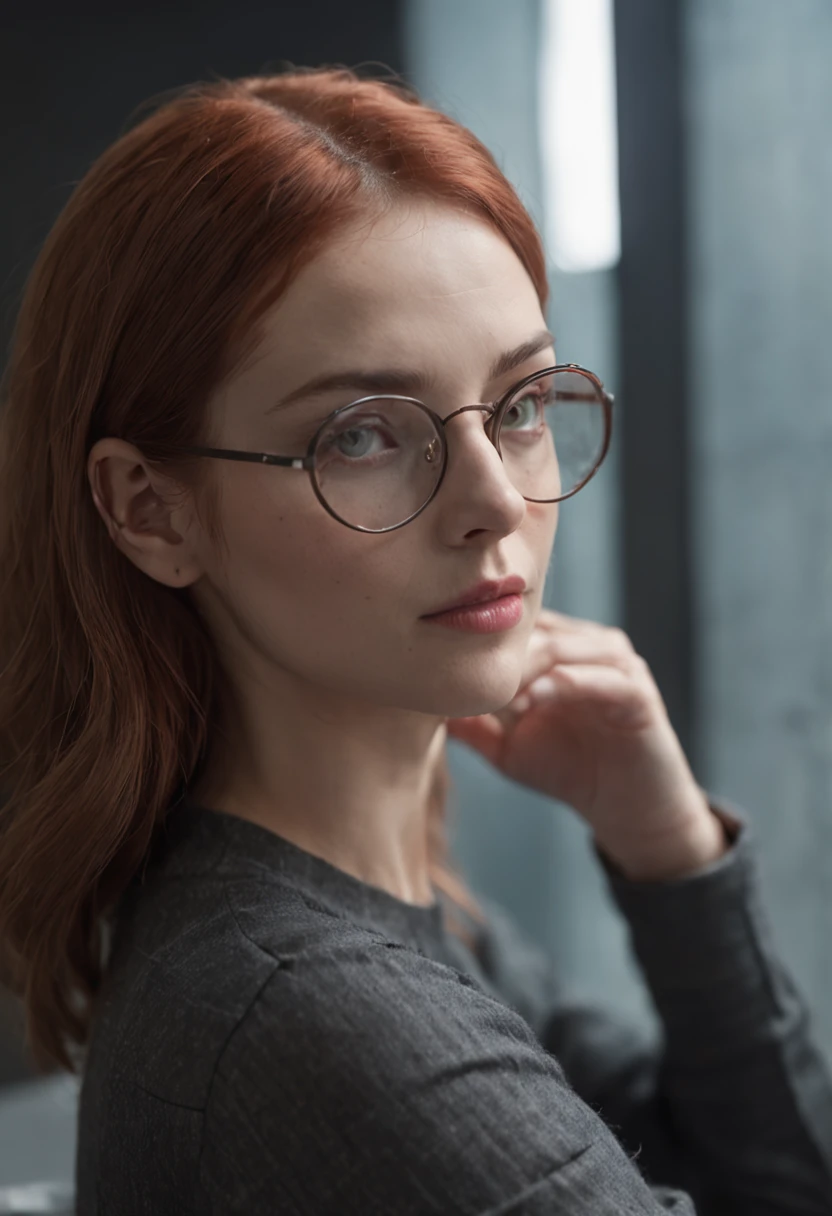 create an image of a young woman in an office with an atmosphere similar to the movie 'The Matrix'. She's sitting at a table, totalmente engrossada em seus estudos. His glasses enhance his concentrated expression, and his green eyes are turned directly to the viewer, conveying a sense of connection. Her red hair is tied up in a casual ponytail, while she wears a comfortable pullover. She's alone in the room, cercada por estantes cheias de livros. One of the books is open in front of you, with graphics reminiscent of the aesthetics of the 'Matrix' series. The environment combines elements of the film's futuristic setting with the cozy feel of a personal study space. The image captures an intimate moment of concentrated learning.