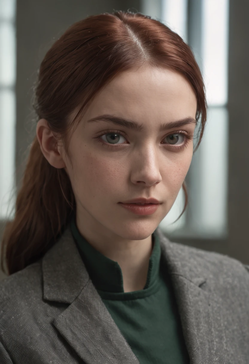 create an image of a young woman in an office with an atmosphere similar to the movie 'The Matrix'. She's sitting at a table, totalmente engrossada em seus estudos. His glasses enhance his concentrated expression, and his green eyes are turned directly to the viewer, conveying a sense of connection. Her red hair is tied up in a casual ponytail, while she wears a comfortable pullover. She's alone in the room, cercada por estantes cheias de livros. One of the books is open in front of you, with graphics reminiscent of the aesthetics of the 'Matrix' series. The environment combines elements of the film's futuristic setting with the cozy feel of a personal study space. The image captures an intimate moment of concentrated learning.