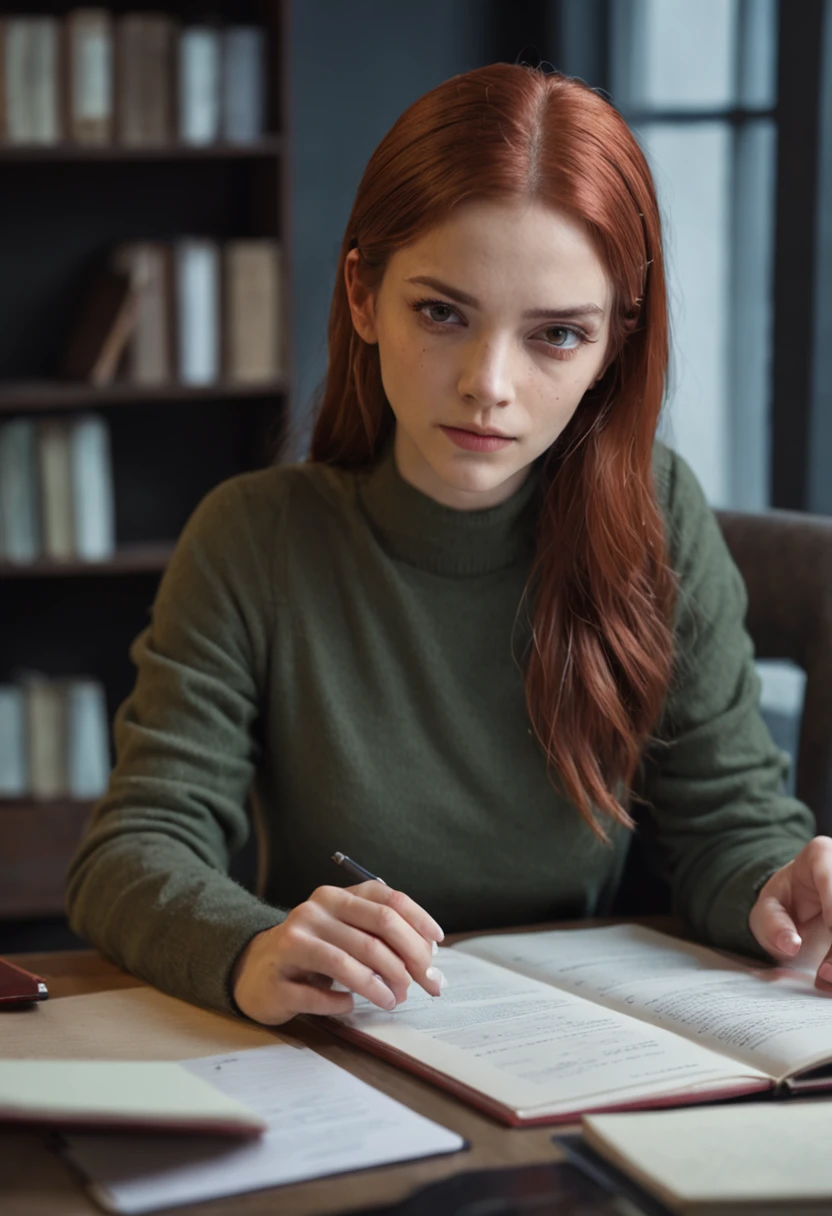create an image of a young woman in an office with an atmosphere similar to the movie 'The Matrix'. She's sitting at a table, totalmente engrossada em seus estudos. His glasses enhance his concentrated expression, and his green eyes are turned directly to the viewer, conveying a sense of connection. Her red hair is tied up in a casual ponytail, while she wears a comfortable pullover. She's alone in the room, cercada por estantes cheias de livros. One of the books is open in front of you, with graphics reminiscent of the aesthetics of the 'Matrix' series. The environment combines elements of the film's futuristic setting with the cozy feel of a personal study space. The image captures an intimate moment of concentrated learning.