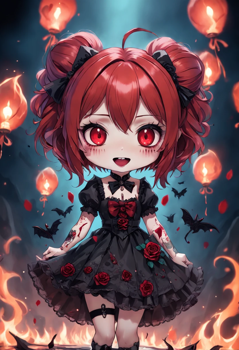 A Colored Tattoo Art Masterpiece, Chibi Gothic Doll, red hair, creepy smiling, Blood and roses, detailed and Intrincicated, HD, Bioluminicense