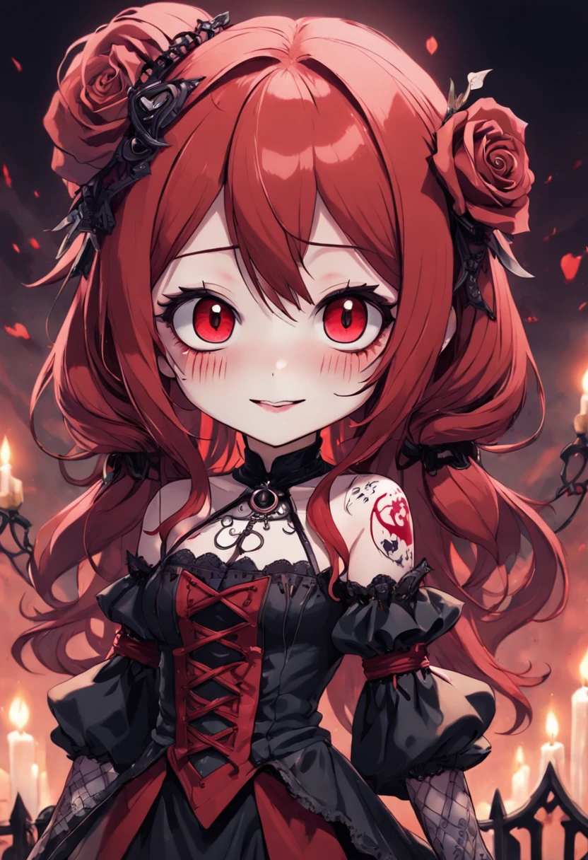 A Colored Tattoo Art Masterpiece, Chibi Gothic Doll, red hair, creepy smiling,  Blood and roses,  detailed and Intrincicated, HD, Bioluminicense