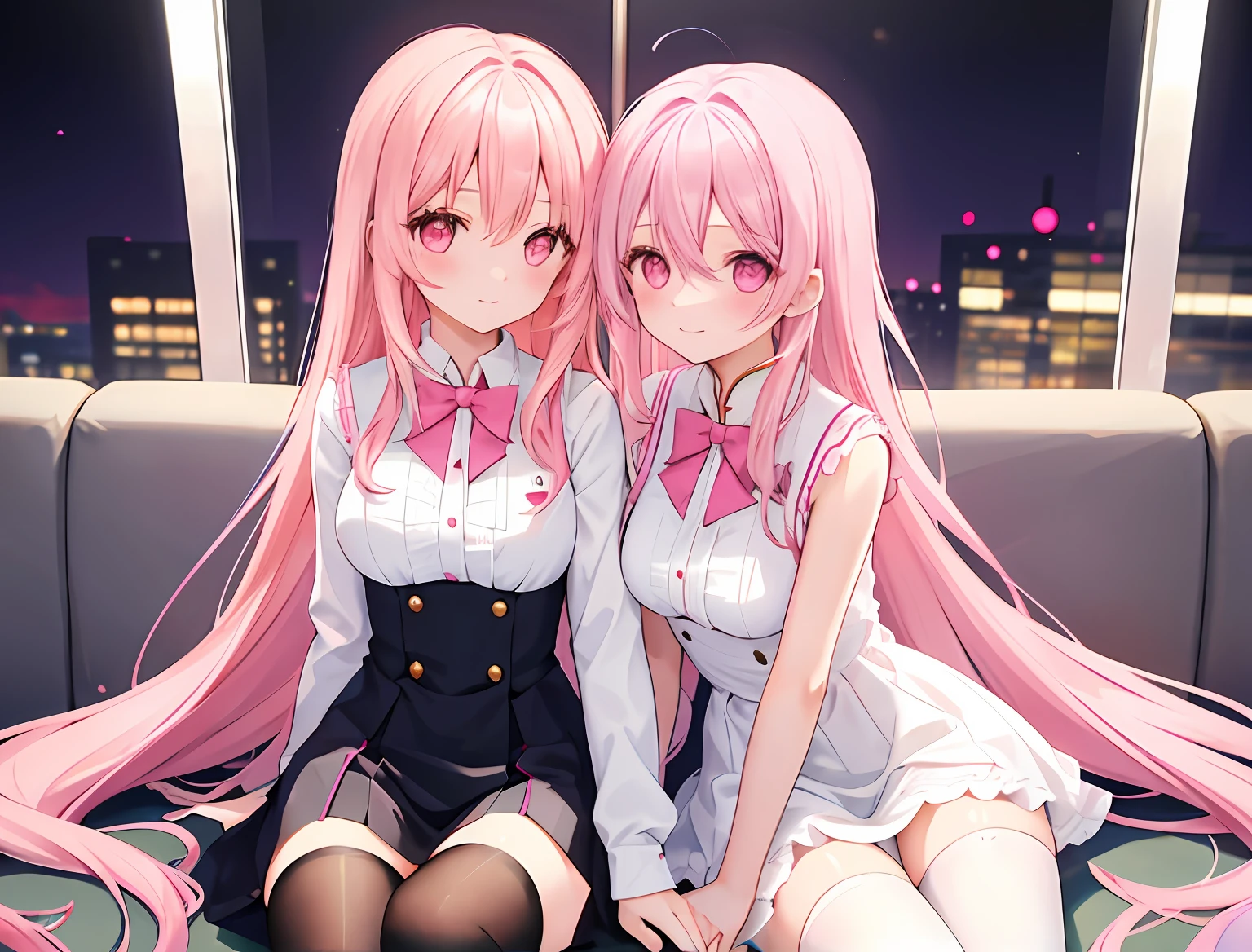 2girls,A pink-haired,long whitr hair,mediuml breasts,比基尼,Breast collision,Light panties,white stockings,Sit with your legs in your arms