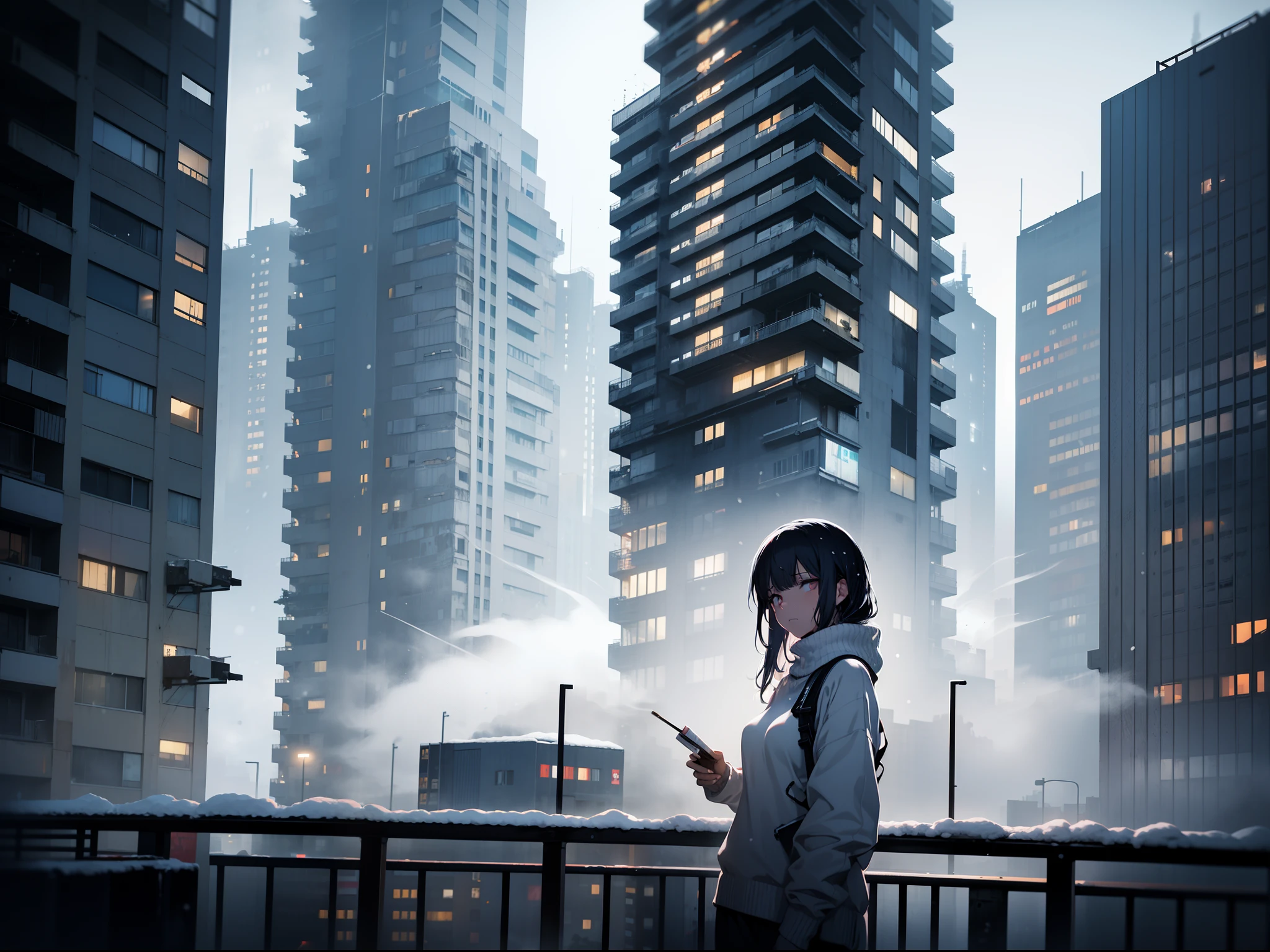 one woman, leaning on the railing of the balcony of high rise building, wearing white sweater, alone, midnight, sad mood, ultra detail, snow, dark, smoking, bleak, sad, alone, cyberpunk, winter, snowing, foggy, far shot, cigarette, visually busy, visual clutter