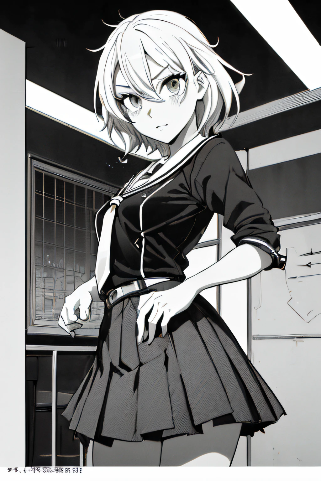 (Comic Noir Style),(linear art_Anime),(black-and-white_High contrast),(masutepiece, Best Quality, ),(Loravard Photos:1.2),(Lora Add Details:1.2),8K, Flat color:1.2,1girl in,hi-school girl、school  background、actionpose