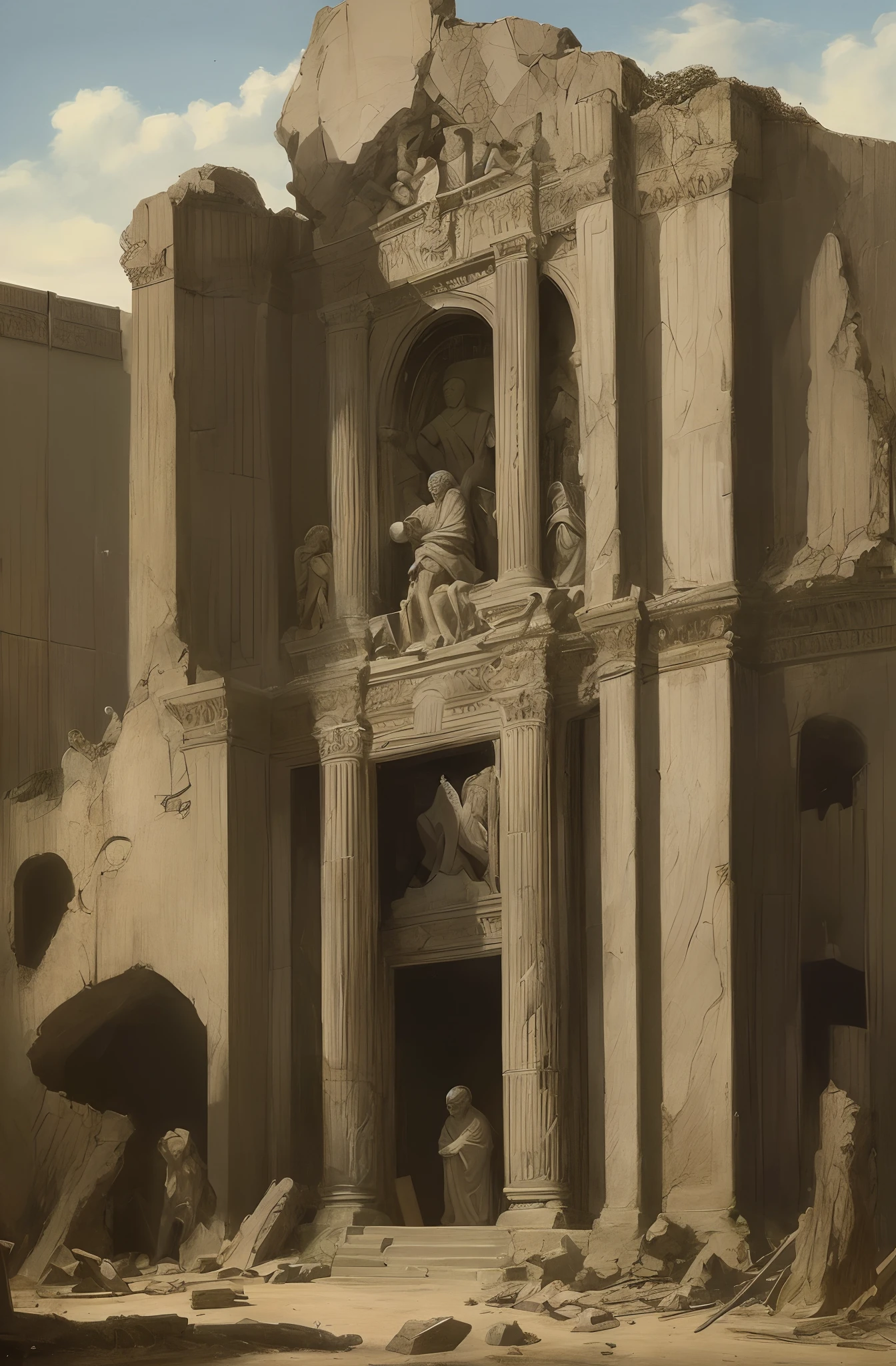 Create for me an image: a biblical character known as Samson carrying the gates of a city in his hand and destroying the wall, killing people;