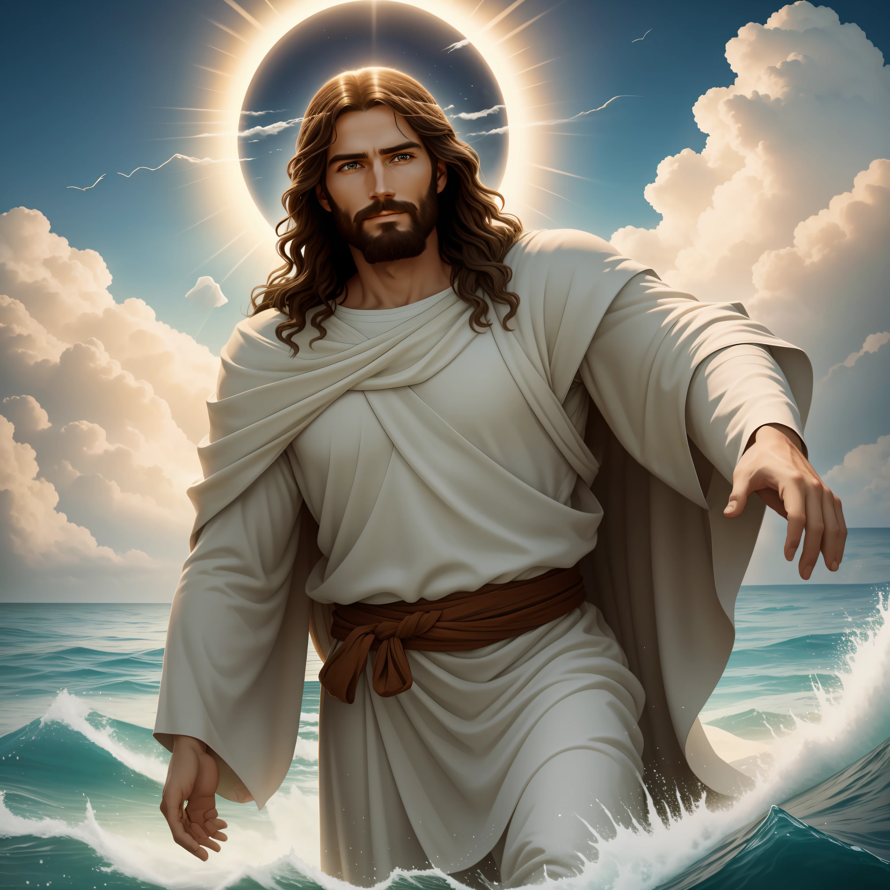 Jesus walking on water with a flying cloud in the background, Jesus walking on water, biblical illustration, epic biblical representation, forcing him to flee, coming out of the ocean, ! holding in hand!, disembarking, god of the ocean, beautiful representation, 8k 3D Model, realistic,
a 3D Realistic of jesus with a halo in the sky, jesus christ, smiling in heaven, portrait of jesus christ, jesus face, 33 young almighty god, portrait of a heavenly god, greg olsen, gigachad jesus, jesus of nazareth, jesus, the face of god, god looking at me, he is greeting you warmly, he is happy, avatar image
