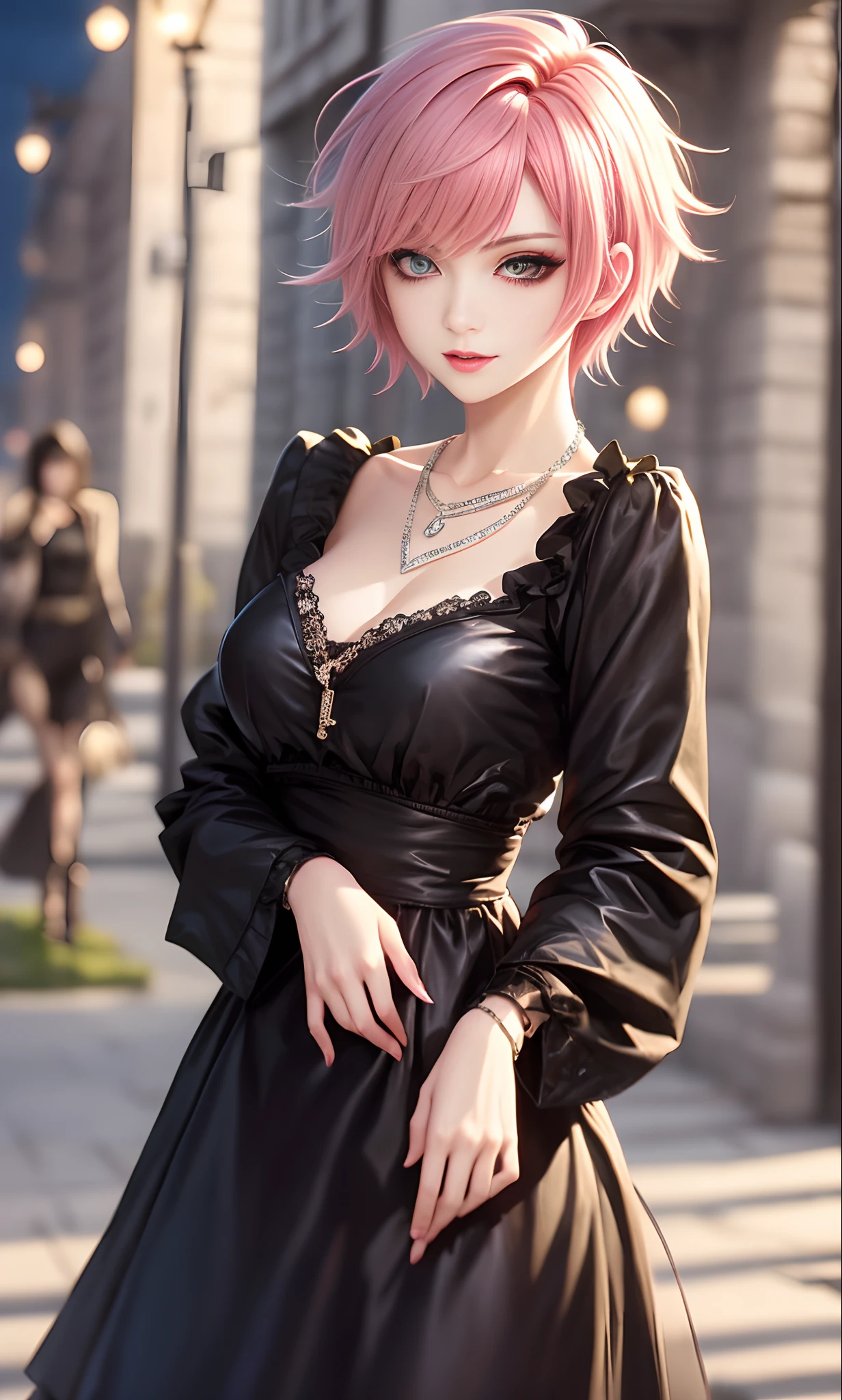 ​masterpiece, top-quality, ((1womanl)), Adults, different color, finely eye and detailed face, intricate detailes, Casual clothing, window, A smile, Happiness, tenderness, high-level image quality、 selfee, Beautuful Women、tall、The upper part of the body、nightfall, nighttime scene、𝓡𝓸𝓶𝓪𝓷𝓽𝓲𝓬、Korea person, Idol Photos, k pop, Professional Photos, Vampires, Korean fashion in black and white, Fedoman with necklace, inspired by Sim Sa-jeong, androgynous vampire, :9 detailed face: 8, extra detailed face, detailed punk hair, ((eyes are brown)) baggy eyes, Seductive. Highly detailed, semi realistic anime, Vampires, hyperrealistic , Delicate androgynous princess, imvu, ((short hair woman)), Pink hair woman with wild look, ((Woman with short pink hair)), ((1 persons))