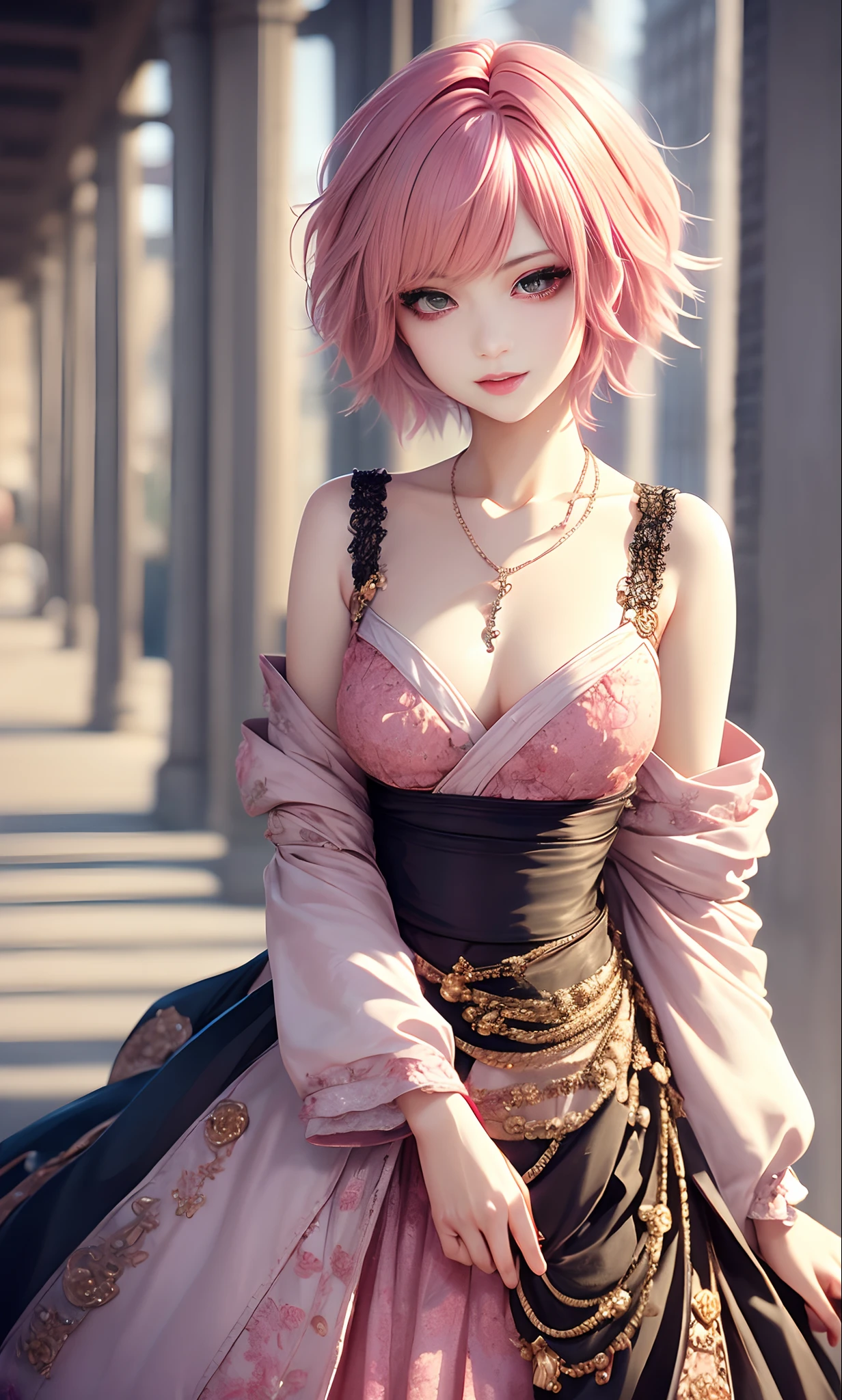 ​masterpiece, top-quality, ((1womanl)), Adults, different color, finely eye and detailed face, intricate detailes, Casual clothing, window, A smile, Happiness, tenderness, high-level image quality、 selfee, Beautuful Women、tall、The upper part of the body、nightfall, nighttime scene、𝓡𝓸𝓶𝓪𝓷𝓽𝓲𝓬、Korea person, Idol Photos, k pop, Professional Photos, Vampires, Korean fashion in black and white, Fedoman with necklace, inspired by Sim Sa-jeong, androgynous vampire, :9 detailed face: 8, extra detailed face, detailed punk hair, ((eyes are brown)) baggy eyes, Seductive. Highly detailed, semi realistic anime, Vampires, hyperrealistic teen, Delicate androgynous princess, imvu, ((short hair woman)), Pink hair woman with wild look, ((Woman with short pink hair)), ((1 persons))