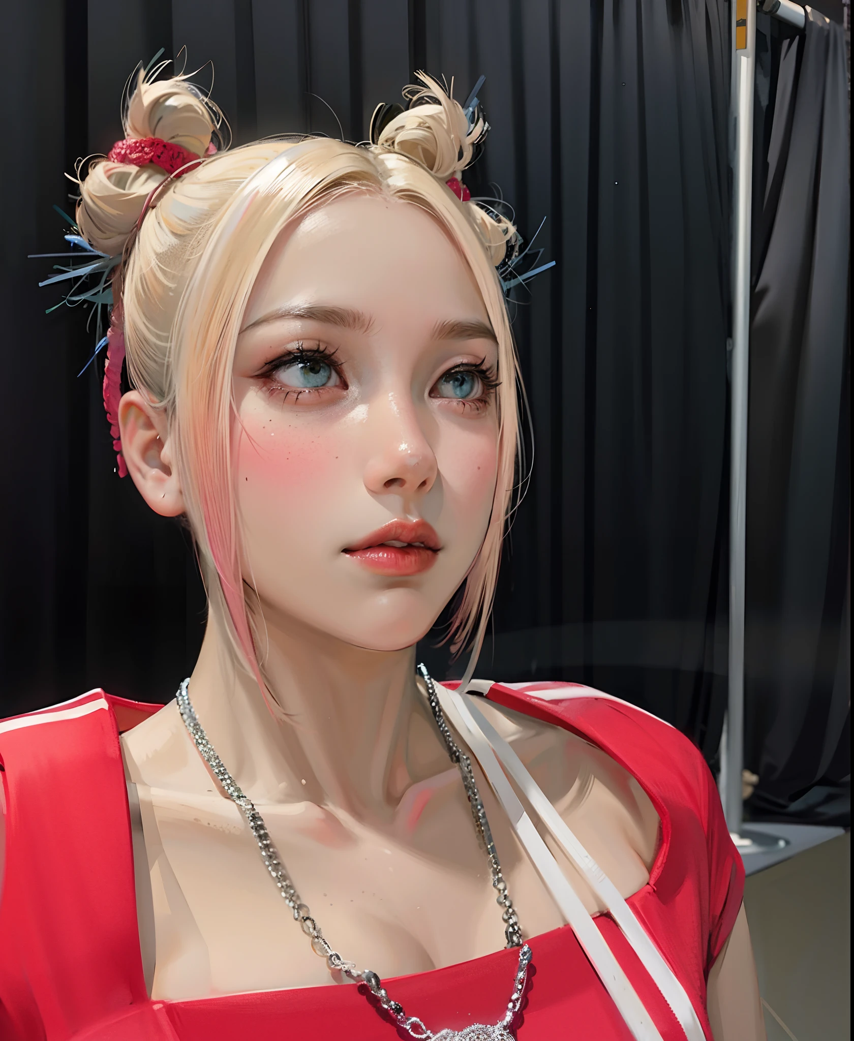 Blonde girl with pink hair and red top poses for photo, shikamimi, Belle Delphine, pink twintail hair and cyan eyes, Pigtails hairstyle, ann takamaki, hime-cut, Larisa Manobal, chiho, Junko Enoshima, nffsw, e-Girl, e - girl, y 2 k cutecore clowncore