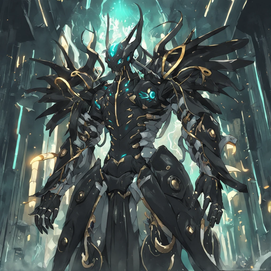 cephalopod, black tentacles with white stripes, teal mecha armor with gold bands, minotaur horns, white frills, masterpiece, Best Quality