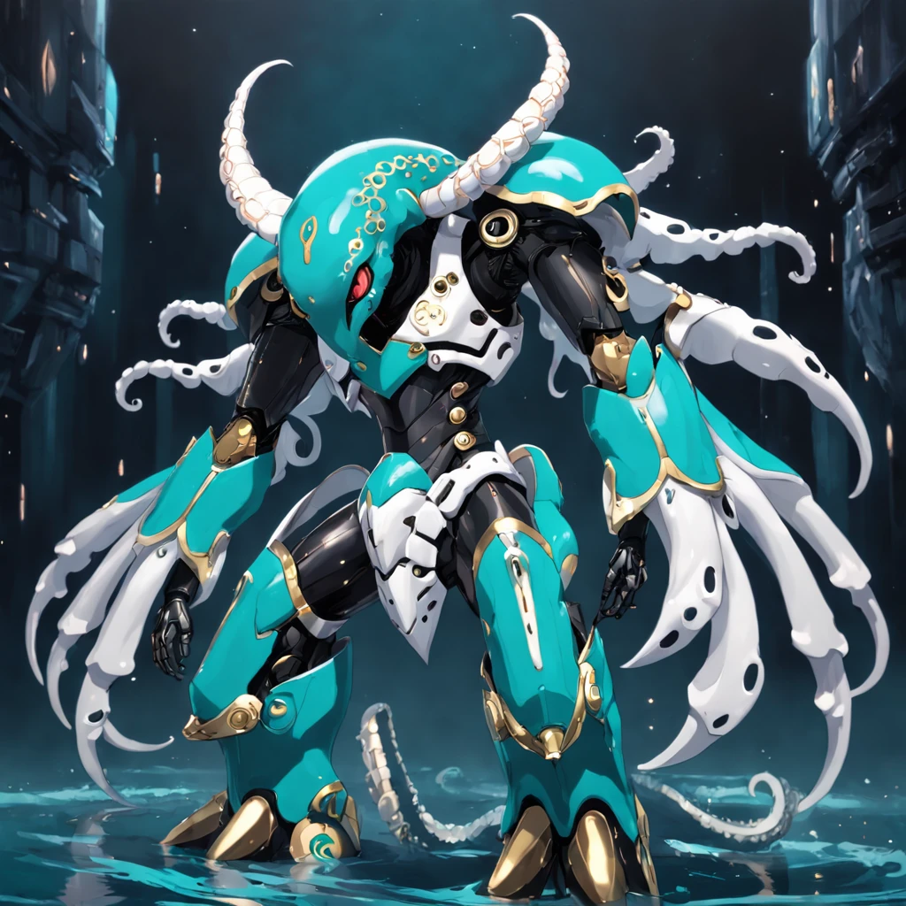 cephalopod, black tentacles with white stripes, teal mecha armor with gold bands, minotaur horns, white frills, masterpiece, Best Quality