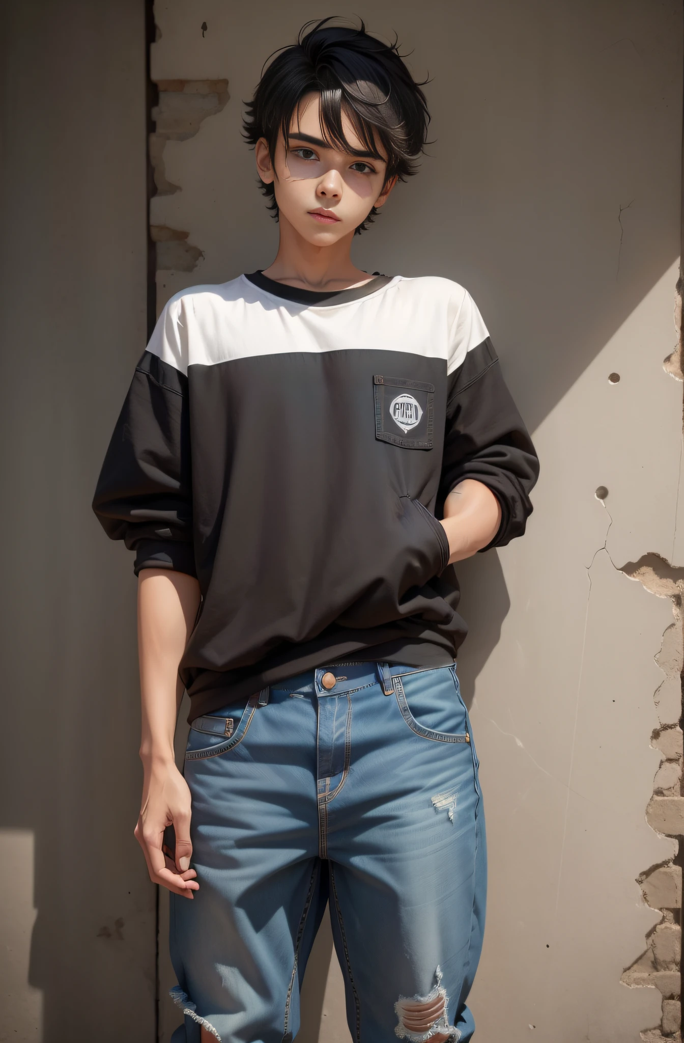 garoto homem adolescente, 15 anos de idade, loiro, olhos pretos, cabelo desgrenhado, cabelo grande, roupas largas, sorriso no rosto, arte realista, realista, camisa preta, Denim Jeans Pants, corpo inteiro, ultra detalhado, anatomia detalhada, tenis all star preto, moletom preto, pale skinned, pele branca, cabelo longo, roupa larga, detailed left hand, moletom inteiramente preto, sem parte branca na roupa, sem partes azuis na roupa, roupa toda preta