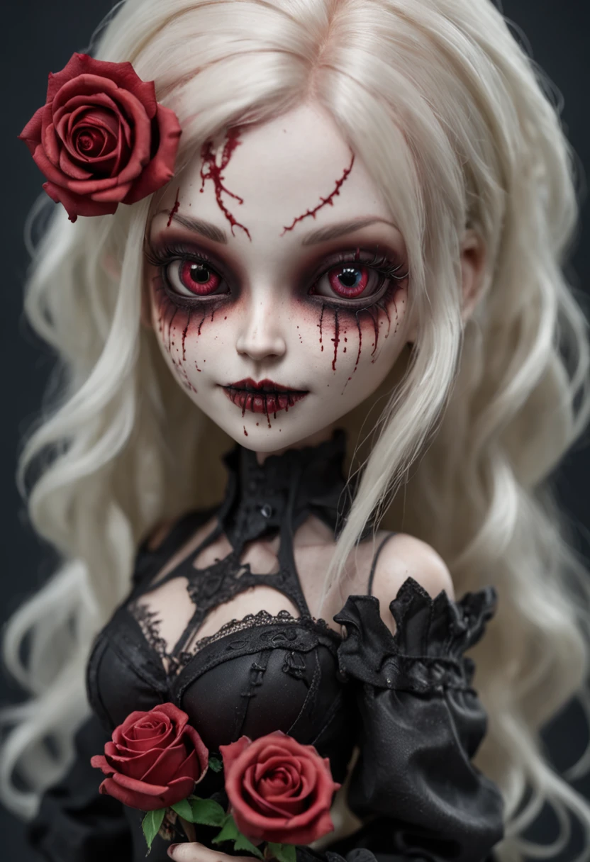 A Colored Tattoo Art Masterpiece, Chibi Gothic Doll, Blond hair, creepy smiling, Blood and roses, detailed and Intrincicated, HD, Bioluminicense