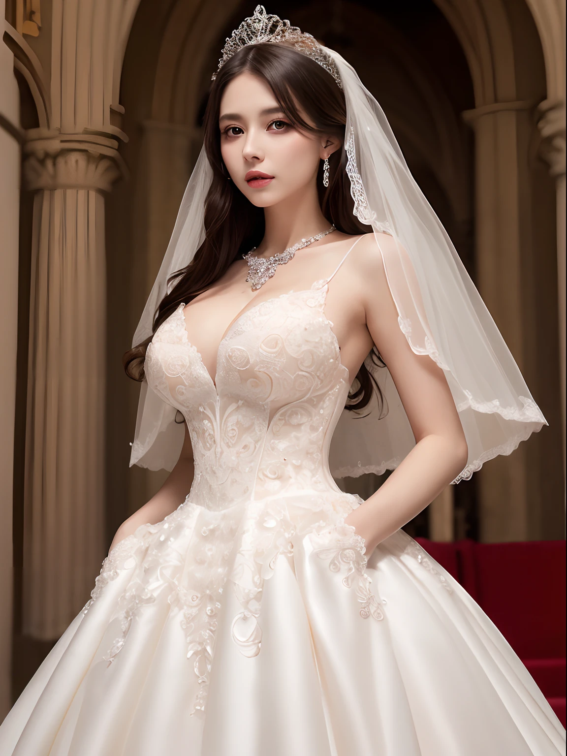 (masutepiece),(Best Quality), (Super Detail),((Very delicate and beautiful)),Focus on character,Dynamic Angle,Looking at Viewer,((Solo)),Standing,((Full body)),((One princess in a voluminous skirt and gorgeous ball gown wedding dress)),((June bride)),Detailed face and eyes,Eyes Like Gems,((Very Long voluminous Hair)),gorgeous embroidery and lace,((Gorgeous corsage)),See-through,(Gorgeous jewelry ornaments),luxury hair ornament,luxury tiara with jewels,(huge-breasted,Long breasts),(Indoor,Church Wedding),((Full body)),hoop skirt,crinoline,Very long wedding veil,(((Fusion of jeweled wedding dress and gorgeous embroidered rococo ball gown))),