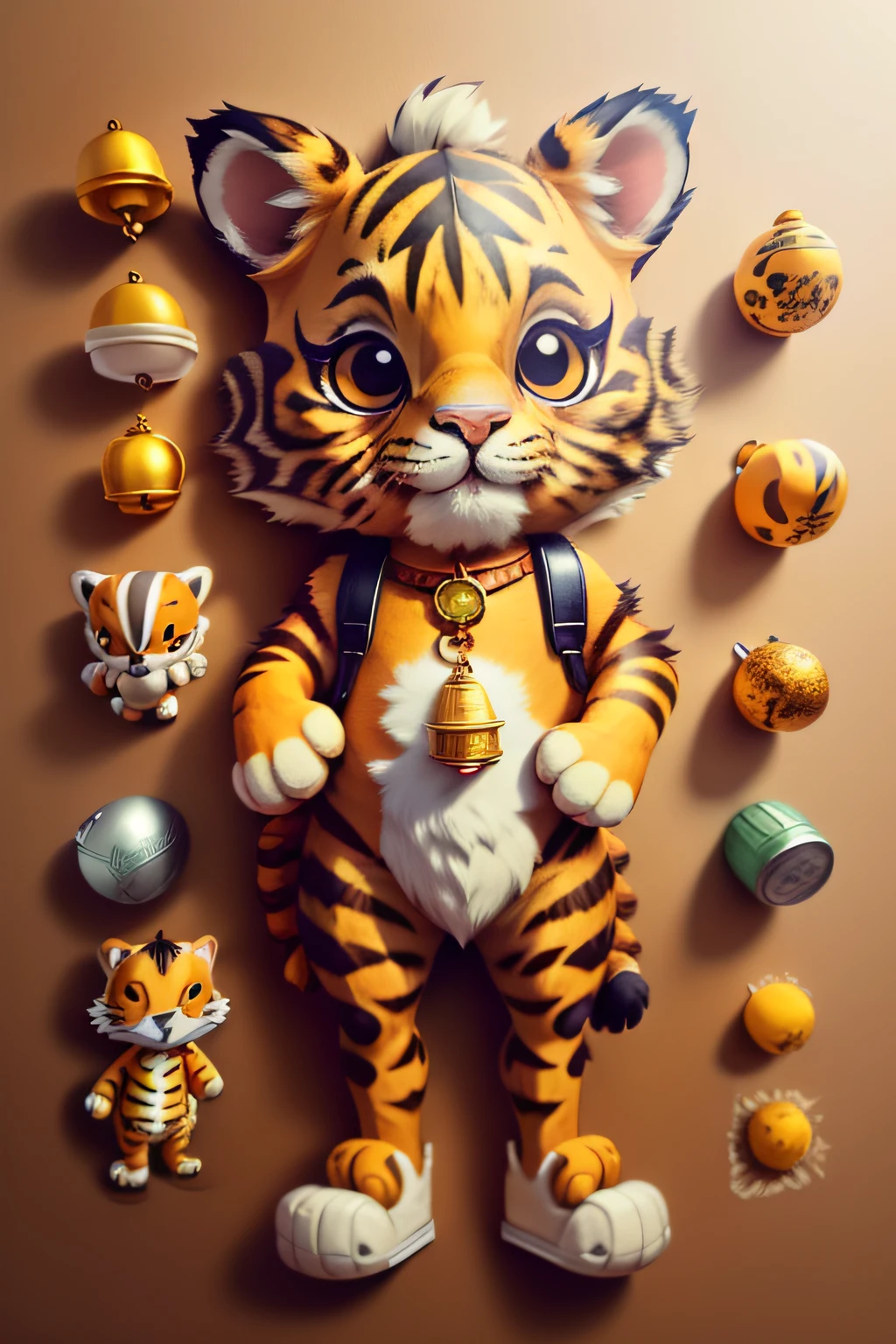 An anthropomorphic standing yellow tiger,With a bell around the neck,white backgrounid,Wear shoes,large ear,ip ,cartoony,a tiger,2-dimensional,lichen