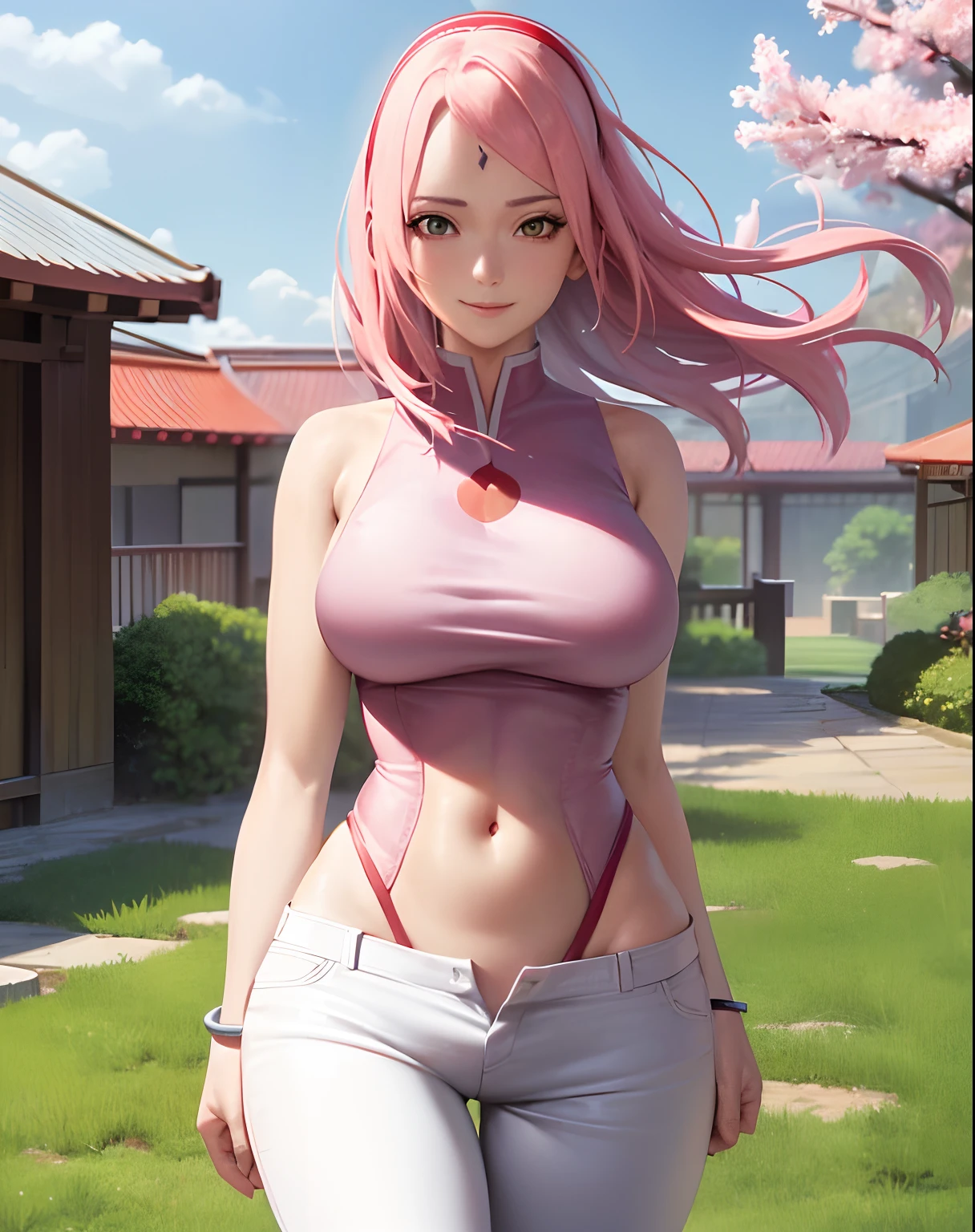 Realistic, Photorealistic,cowboy shot,masterpiece, absurdres ,1girl, haruno sakura, forehead mark, red hairband, red sleeveless dress, white pants, navel, groin, bracelet, looking at viewer, smile, cherry blossoms, private garden, wind, floating hair, large breast ,(((wide hips))), toned body, detailed eyes,