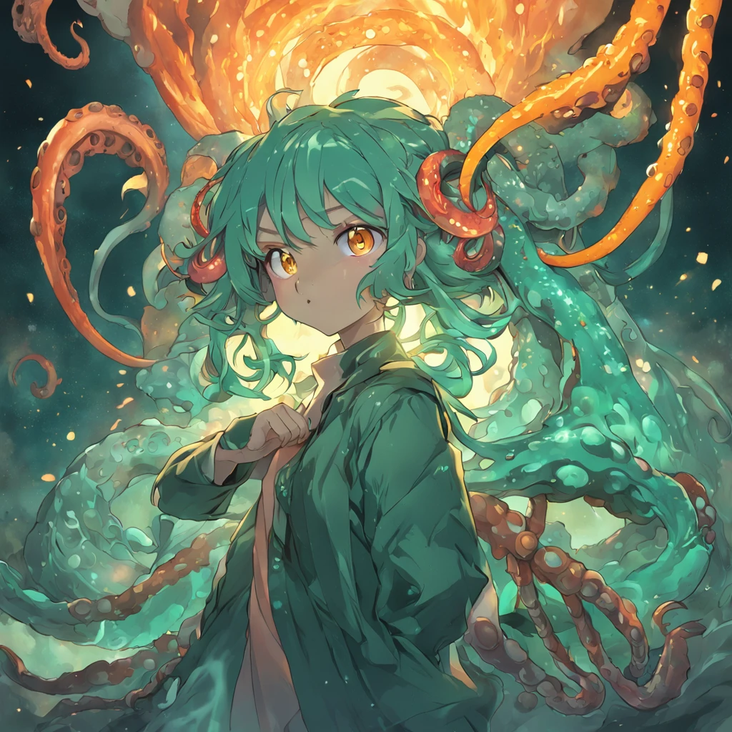 1 girl, anime girl, very long green hair, orange eyes, blazing eyes, tentacles, orbs, multi lobed eyeballs, cosmos, eldritch abomination, Lovecraftian, fog, mist, miasma, cosmos, space, harbour town. hp_lovecraft_style 