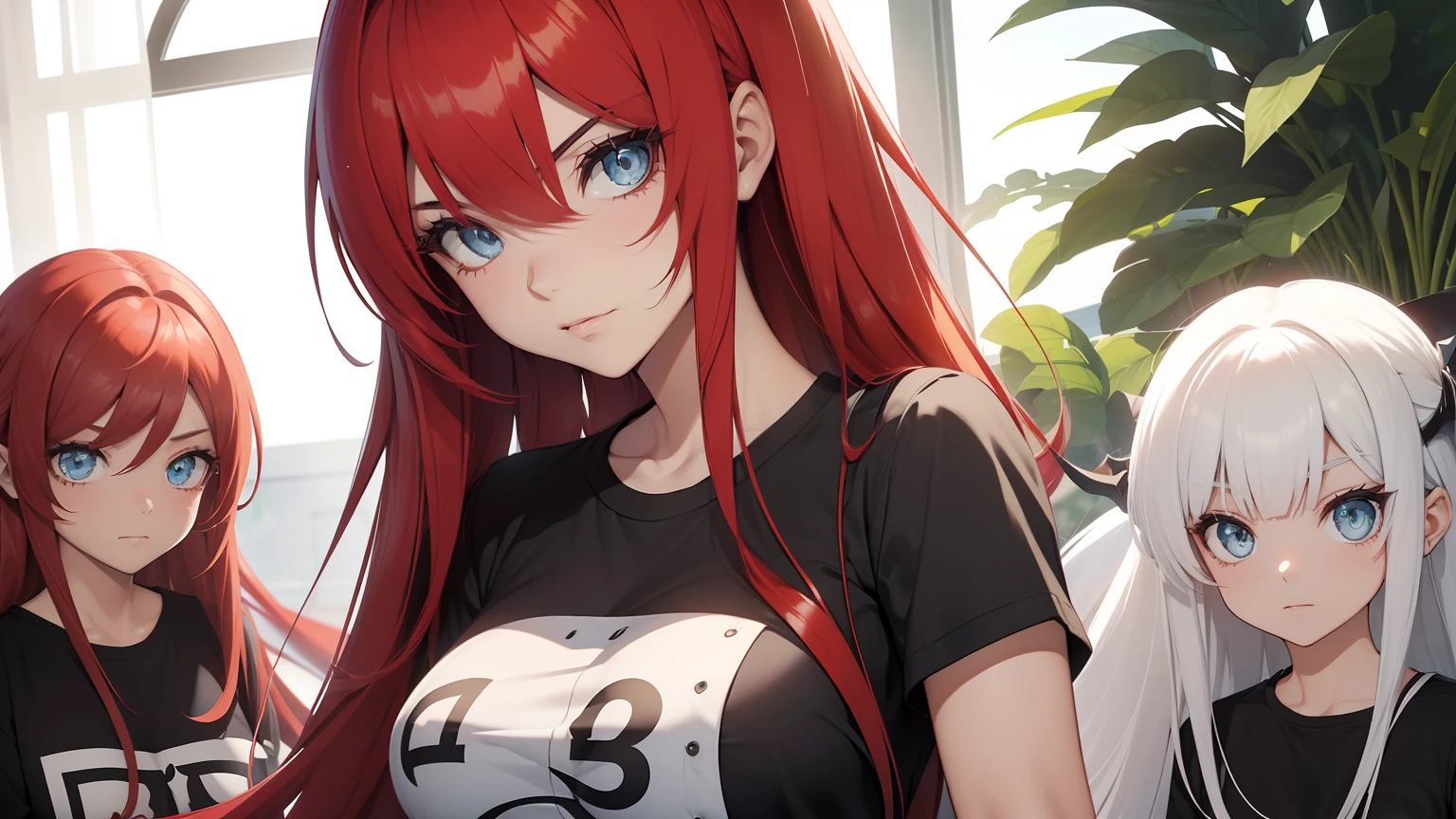 (menina com longos cabelos brancos e olhos azuis detalhados:1.2, Rias Gremory de frente, close up nos olhos azuis:1.1, vestindo camiseta branca)