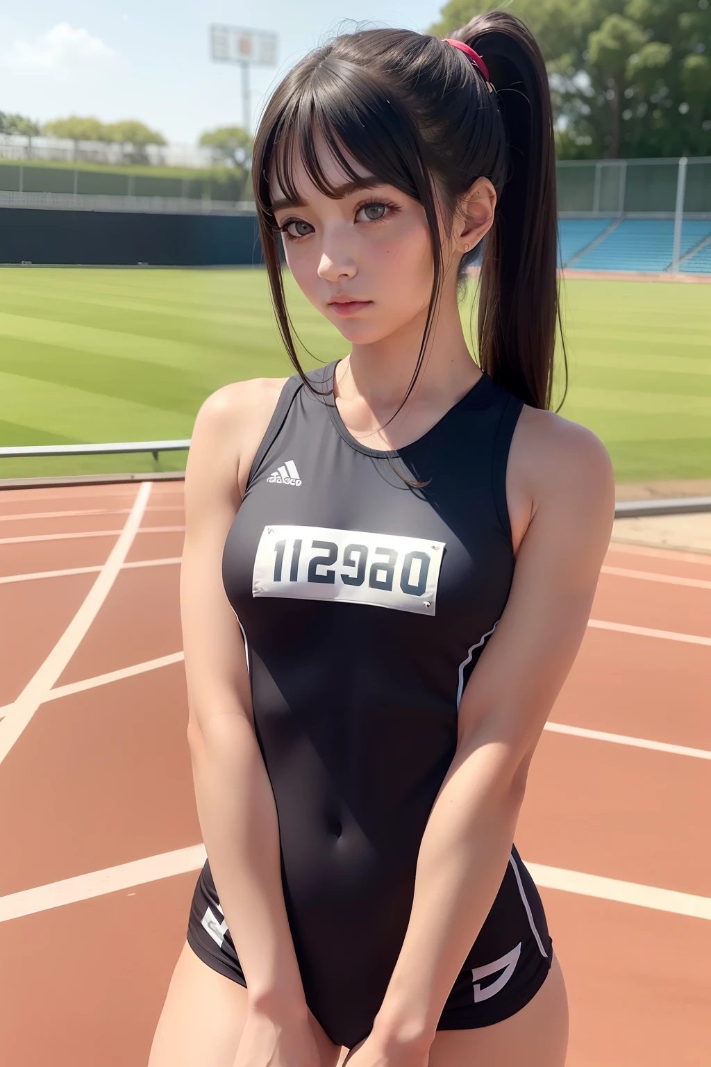 like photo、a beauty girl、poneyTail、track and field athlete、Background athletics stadium、Embarrassed look、Caucasian characteristics、Bigger eyes、Track & field athletes' uniforms、Long black hair、