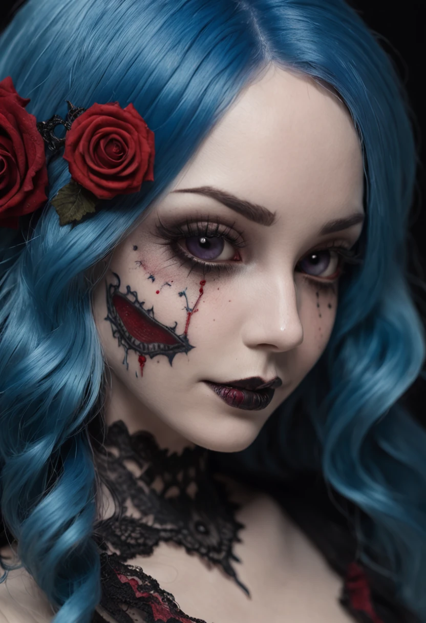 A Colored Tattoo Art Masterpiece, Chibi Gothic Doll, Blue hair, creepy smiling, Blood and roses, detailed and Intrincicated, HD, Bioluminicense