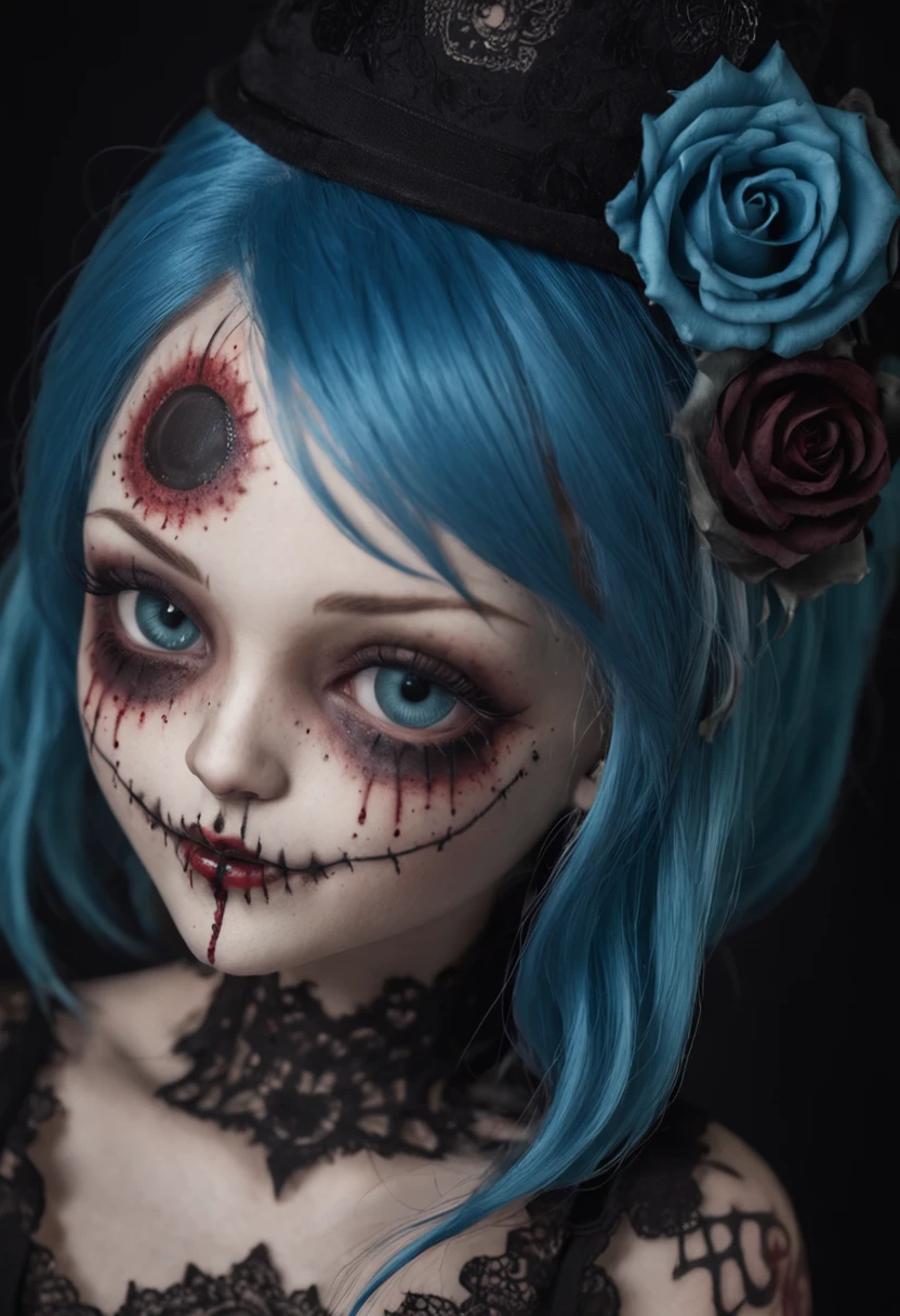 A Colored Tattoo Art Masterpiece, Chibi Gothic Doll, Blue hair, creepy smiling, Blood and roses, detailed and Intrincicated, HD, Bioluminicense