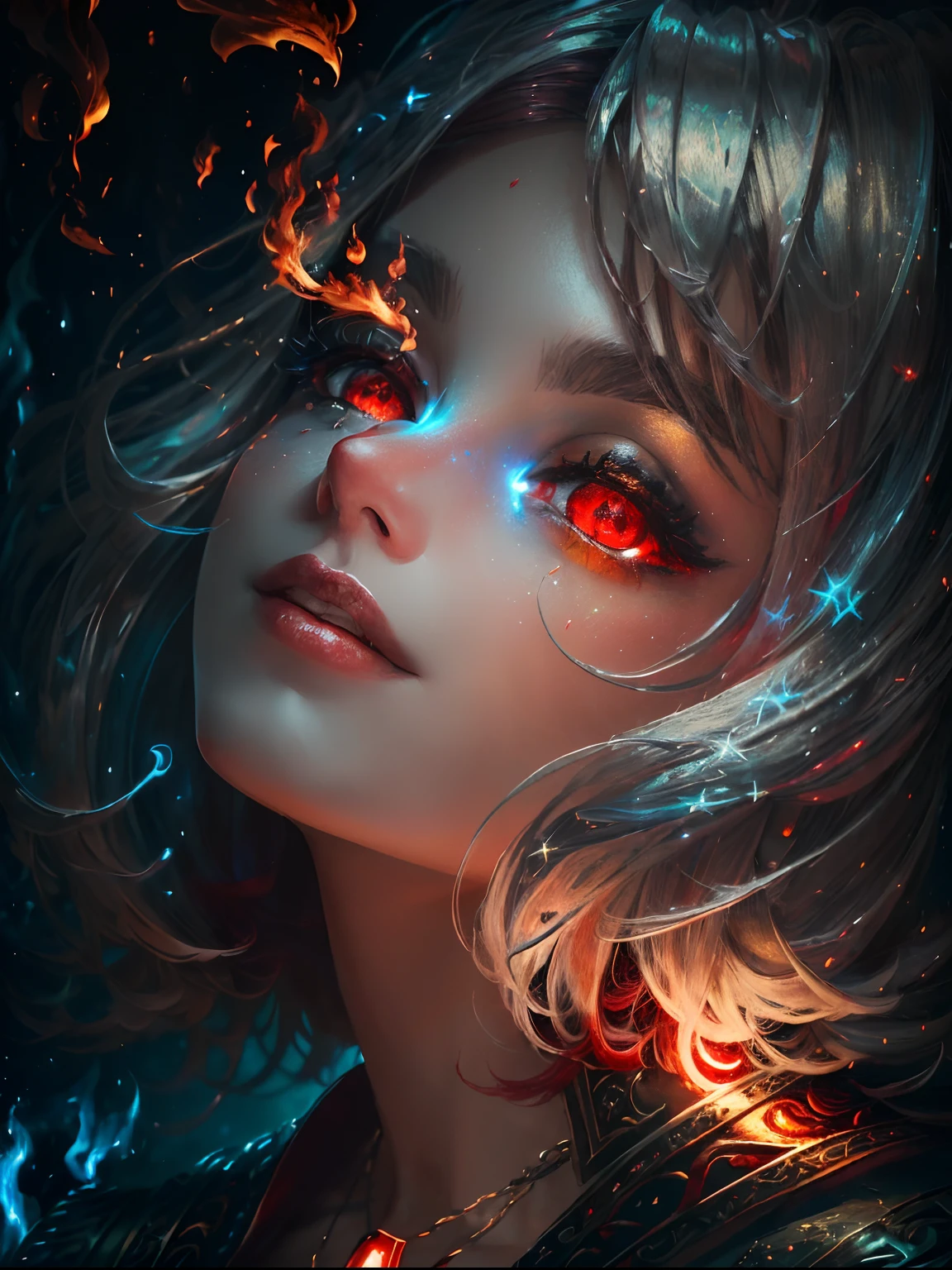 A woman with glowing eyes and a red eye is staring at something - SeaArt AI