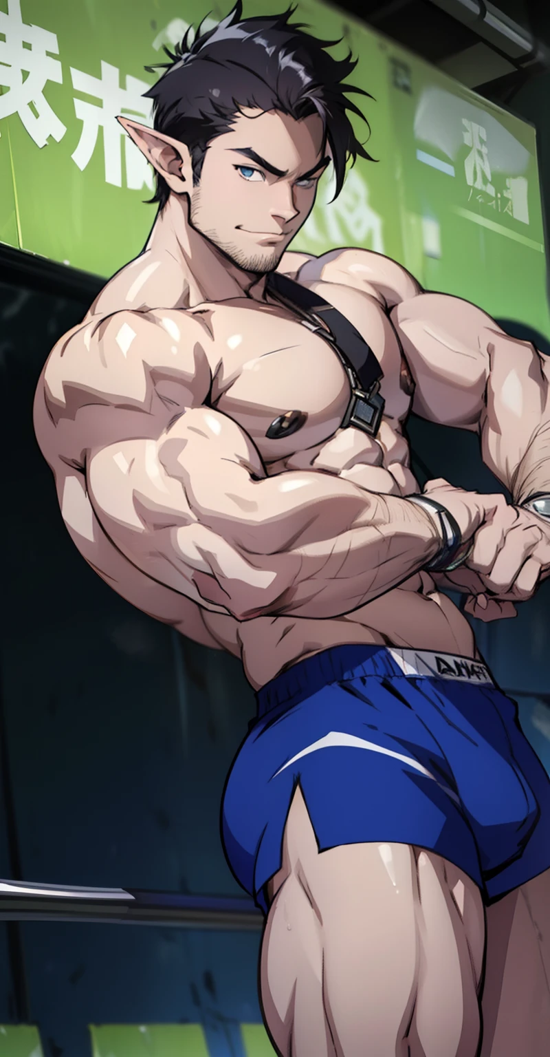 (straight photo)(highest quality photo) elf boy,no beard,cute young face,royal,wearing tight black briefs,short briefs revealing huge muscular thighs,shorts bulging in the middle due to genitals, cute young face, anime hairstyle that covers eyes, huge muscular chest muscles, big strong thighs and sinewy muscles, muscular biceps giant body, topless, white skin, super shiny skin, sweat dripping