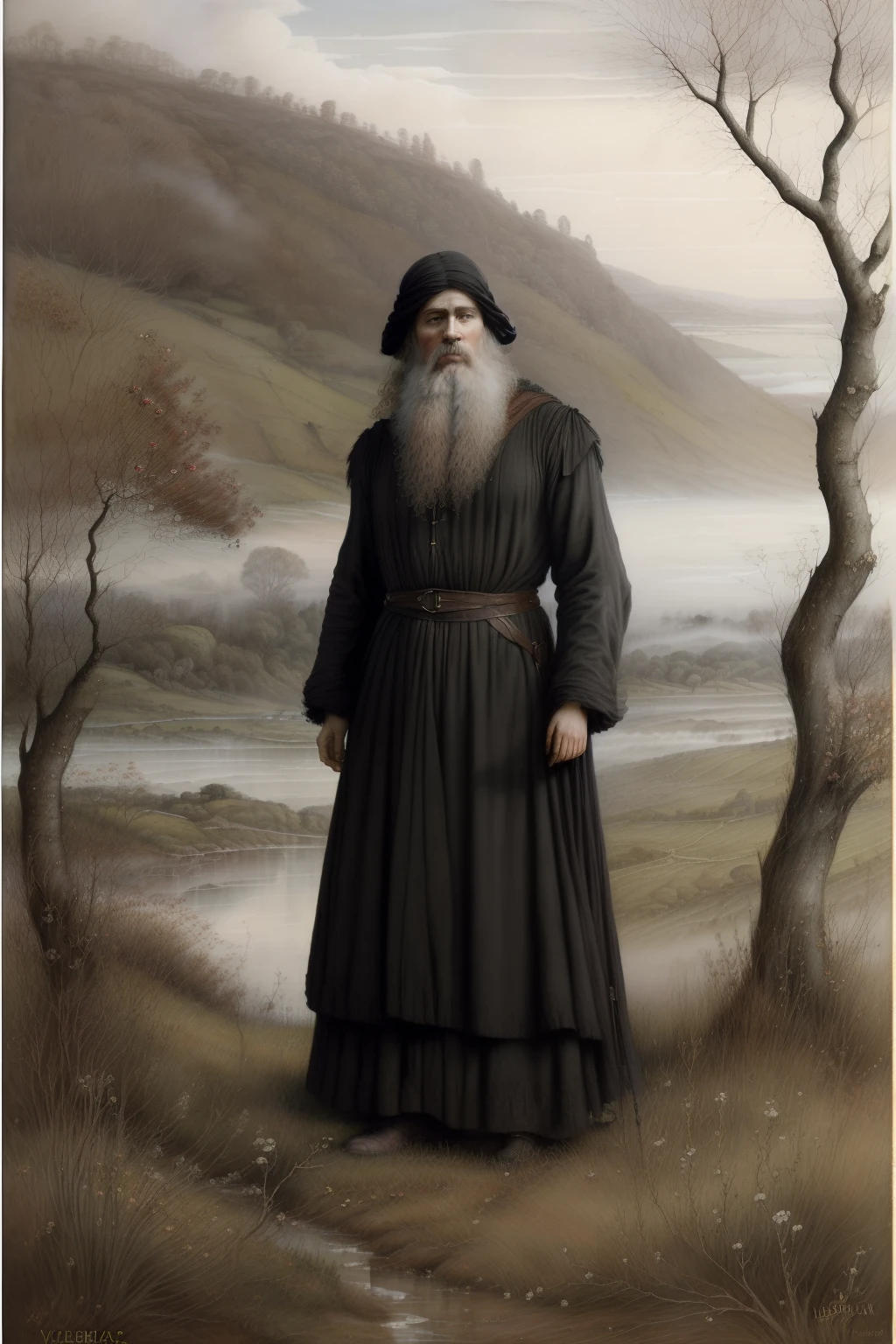 (((Pre-Raphaelite painting of an old druid, longa barba branca, velho vestido de negro, capuz, amid mists and mists next to a hawthorn, clouded skies, muitas nuvens)))