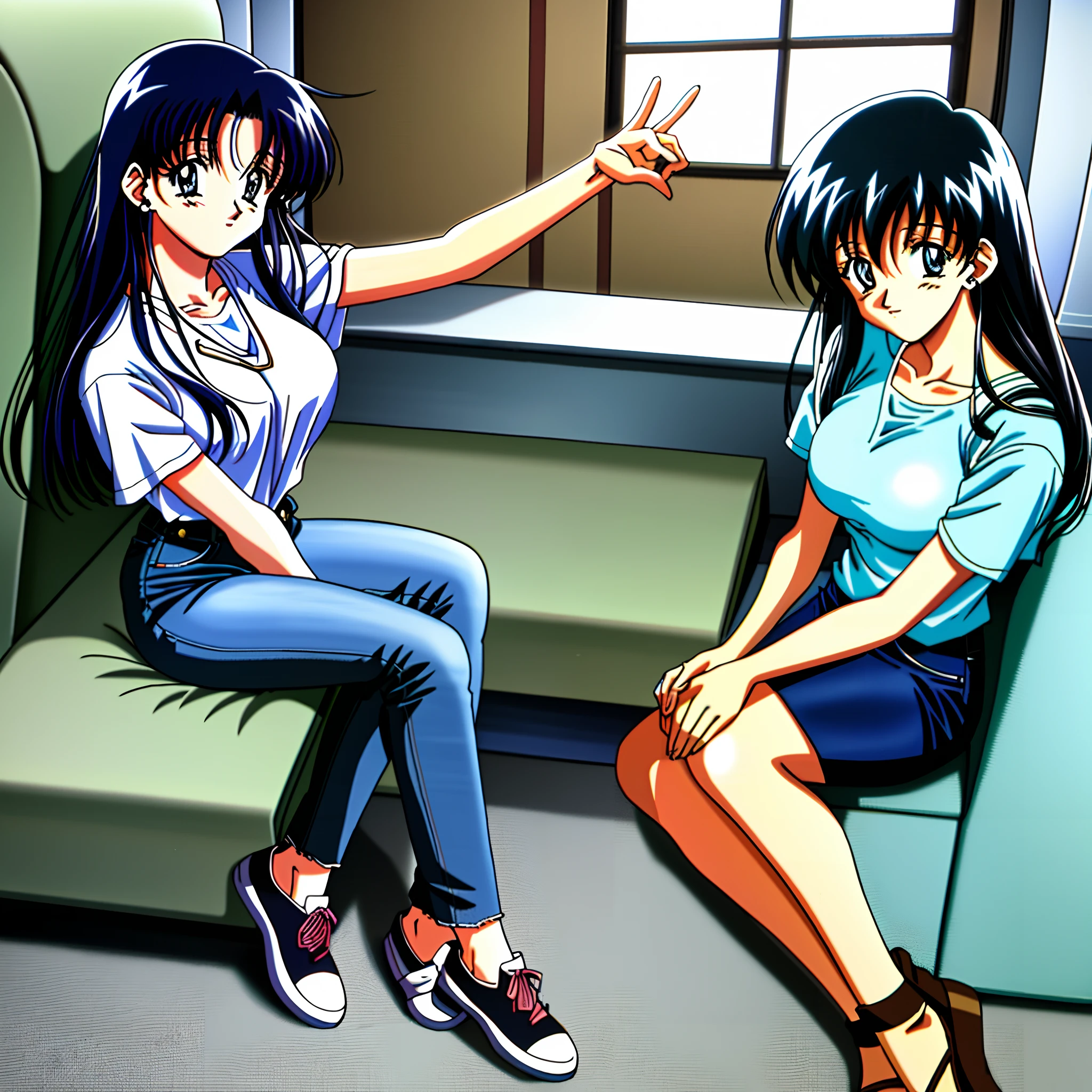 Anime image of a woman wearing white short sleeves,One man only,Sitting in a chair in blue jeans,little breast,Black hair,Adults,Black colored eyes,Behind are the windows,Sunset sun,In the art style of an anime from the 80s,80s anime art style,1980'sanimestyle,Retro anime girl,90s anime art style,Loepfe anime style 80 seconds,an retro anime image,