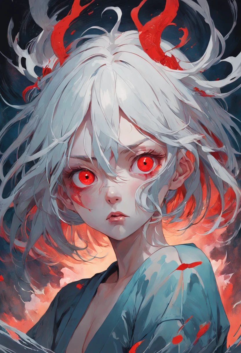 There is ugliness in beauty, But there is also beauty in ugliness, young male, white hair, red eyes, In the style of Adrian Ghenie, Esao Adrews, Jenny Saville, Edward Hopper, surrealism, Dark Art par James Jean, Takato Yamato, Minimalism inkpunk, masterpiece, best quality, ultra detailed, Detailed Light, Vibrant colors, Detailed face, Deitaled Eyes, darkly