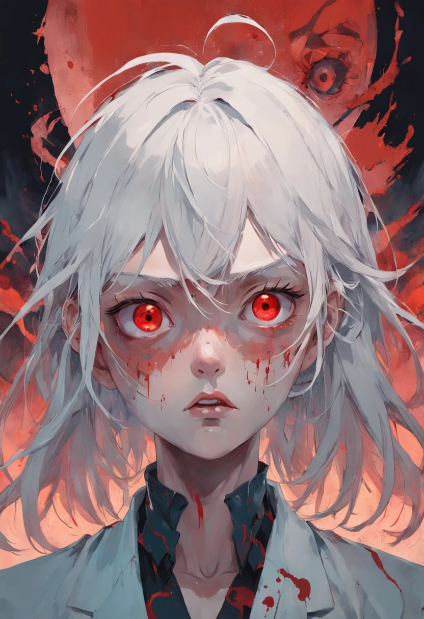 There is ugliness in beauty, But there is also beauty in ugliness, young male, white hair, red eyes, In the style of Adrian Ghenie, Esao Adrews, Jenny Saville, Edward Hopper, surrealism, Dark Art par James Jean, Takato Yamato, Minimalism inkpunk, masterpiece, best quality, ultra detailed, Detailed Light, Vibrant colors, Detailed face, Deitaled Eyes, darkly