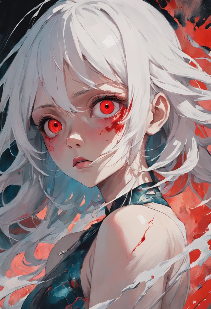 There is ugliness in beauty, But there is also beauty in ugliness, young male, white hair, red eyes, In the style of Adrian Ghenie, Esao Adrews, Jenny Saville, Edward Hopper, surrealism, Dark Art par James Jean, Takato Yamato, Minimalism inkpunk, masterpiece, best quality, ultra detailed, Detailed Light, Vibrant colors, Detailed face, Deitaled Eyes, darkly