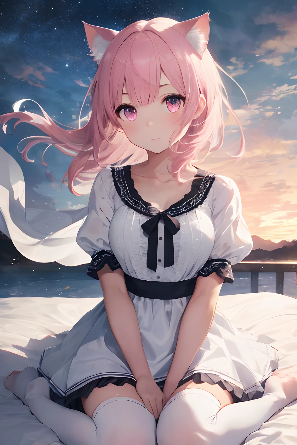 intricate detailed, Beautiful detailed girl, extremely delicate and beautiful, Whole body, Close-up of people, arm_support, beautifully painted, flat chest, girl,woman,a woman, little,???,10yaers old, Medium hair, Wavy hair, Floating hair, Pink hair, Two-tone hair, hair blowing with the wind, Delicate facerain, heart, complex details beautiful and delicate eyes, cat_ear, large_Breasts, zettai_ryouiki, Pink eyes, White skin, white_dress_shirt,sleeves_hiar_wrists,bottom less,Bare breasts,bare feet, short_sleeves, Bed_sheet, Beautiful detailed sky, water spray, gradient, extremely detailed 8k wallpaper, extremely detailed 8k wallpaper, with high resolution,