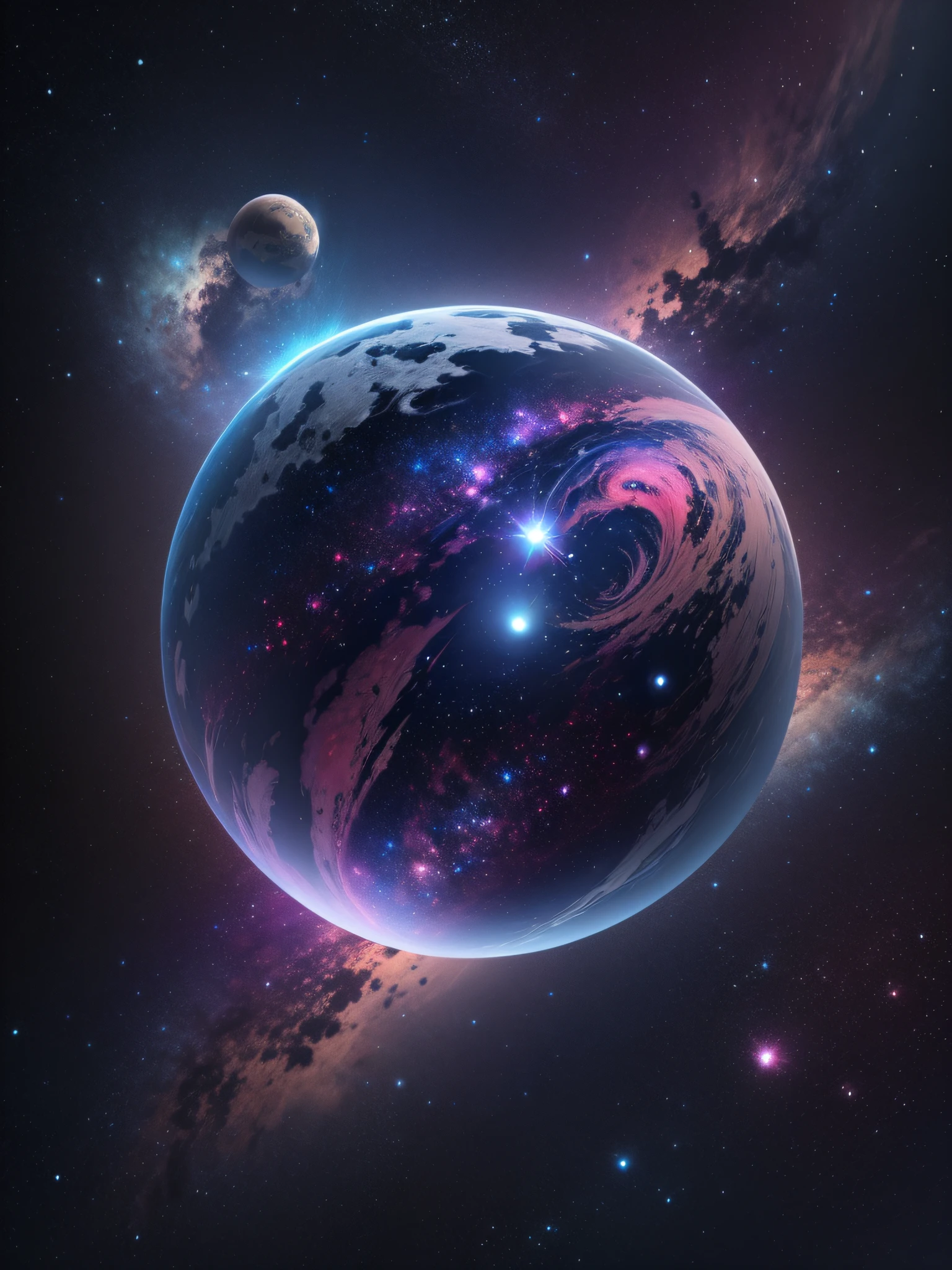 space with a planet in blue and purple color with bright white stars in the background with galaxy background with volumetric illumination, octan render, 8k, realista,