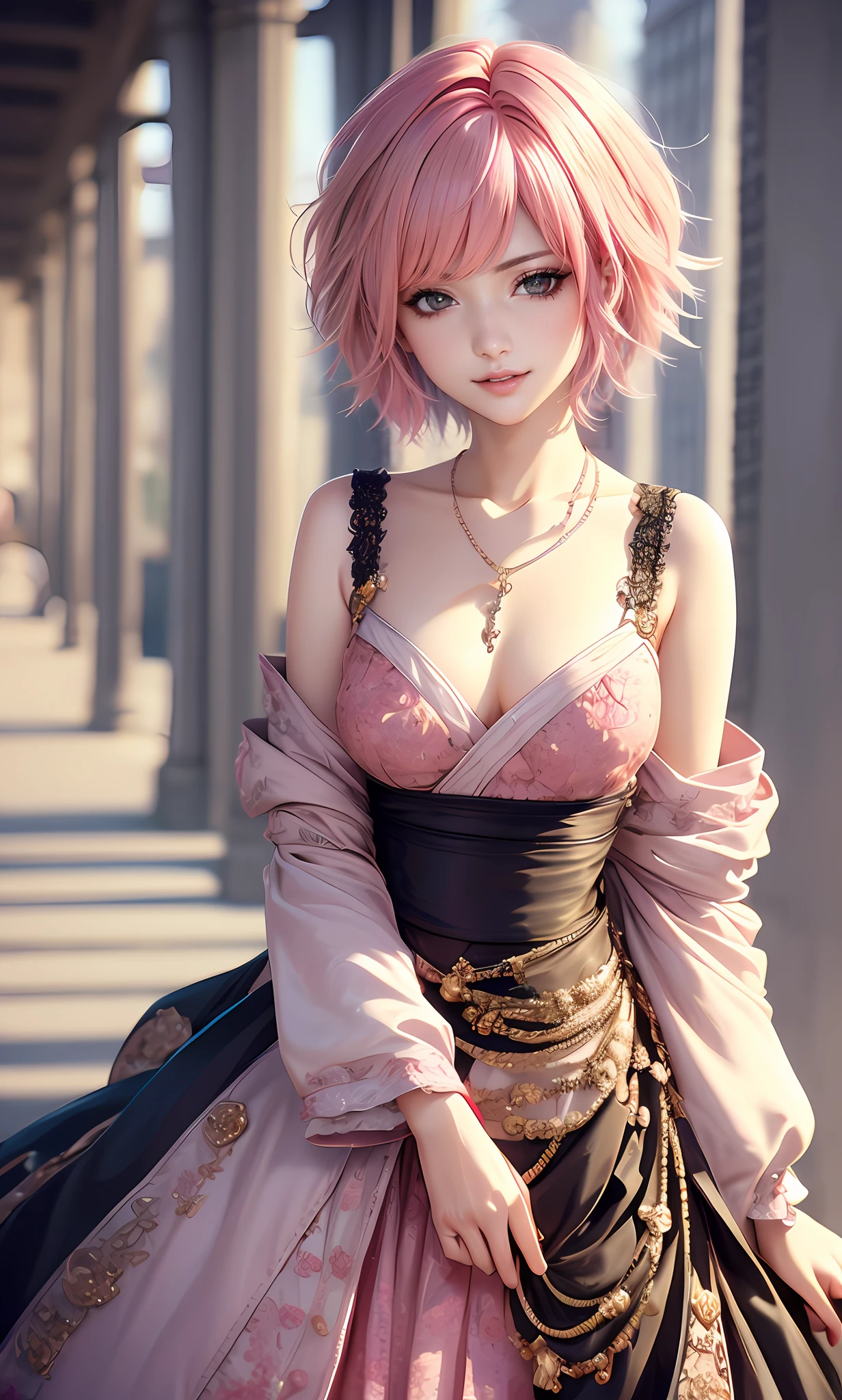18 year old beautiful girl, masterpiece, best quality, 8K animation, detailed fingers, precise fingers, not unnatural hands, illustration, 1 girl, solo, pink bob cut, gold crown, flower hair ornament, sagging eyes, red mini skirt, YUI