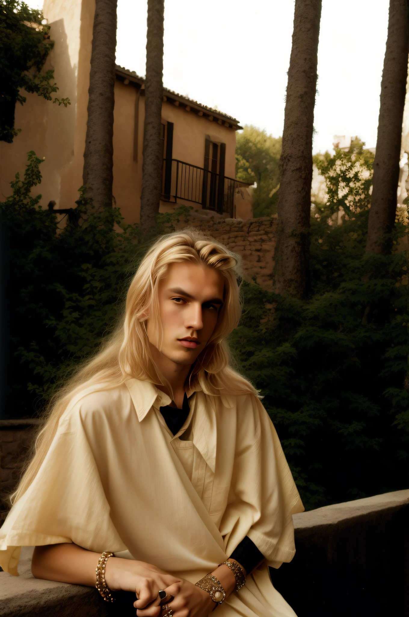 blond man with long hair sitting on a wall with a black shirt , long swept back blond hair, delicate androgynous prince, xqc, androgynous male, by Gee Vaucher, beautiful androgynous prince, style of jesper ejsing, by Eva Frankfurther, in style of petra collins, jamie campbell bower, by Seb McKinnon, christian cline