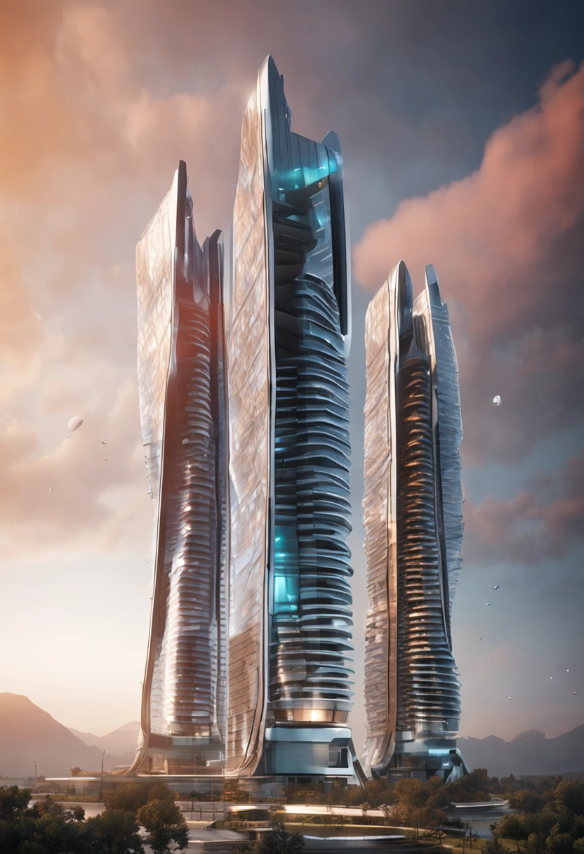 Tower,truth,The future cityscape is filled with awe-inspiring technological marvels. Towering skyscrapers rise into the clouds, boasting sleek and modern designs. The fusion of streamlined, curved, and geometric architectural structures with reflective materials and glass facades creates a mesmerizing futuristic landscape. On the streets, remarkable floating transportation vehicles glide swiftly, such as flying cars or maglev trains, exuding a high-tech exterior as they navigate the city's airspace style:Photographic