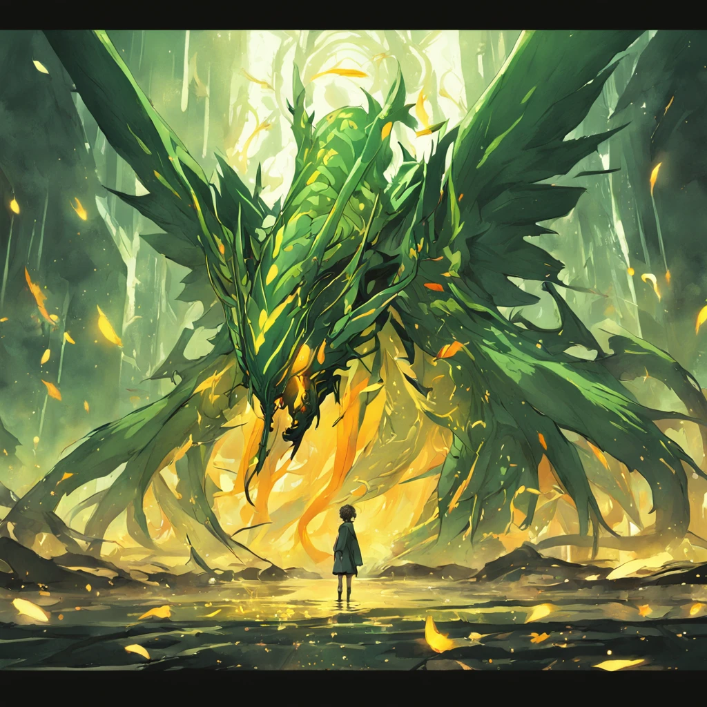 cephalopod, long winding green scaled tentacles with yellow and orange, black feathered wings, Fallen angel and duke of hell, masterpiece, Best Quality