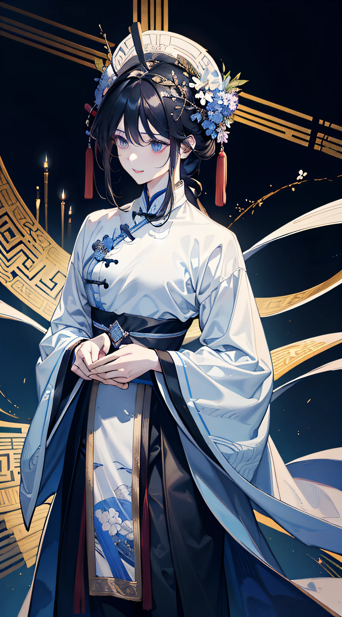 Ancient Hanfu，Dunhuang long dress，Dunhuang style，Fly Dunhuang，Wide robe with large sleeves，faeries，Step shake，Hairpins，Whole body diagram，head to toe，Bunched hair，crown of head，Hanfu，heroic look，Cold and glamorous，Indifferent eyes，Extremely beautiful，Handsome，Mature woman，Noble temperament，beautiful and seductive，Peerless beauty，Fine，perfect bodies，hair adornments，long whitr hair，Absolutely beautiful，Black belly，Smile，the detail，Perfect details，Detail portrayal