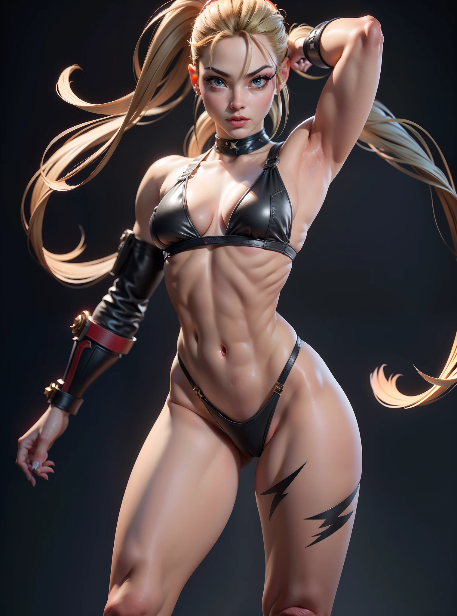 ((Best quality)), ((Masterpiece)), ((Realistic)) and ultra-detailed photography of a girl with goth colors. Cammy in full view， ((Cammy)), dressed in (small black micro-thong, black micro-bikini:Star motif ) , ((Beautiful and aesthetic)), muscular fit body abs, Sexy, under-boobs, Hot, (Cream gradient background),Hyper-realistic，best qualtiy，8K，Works of masters，super-fine，Detailed pubic hair，Correct anatomy，sharp focus on eyes，Bokeh，Facial features are carefully depicted.