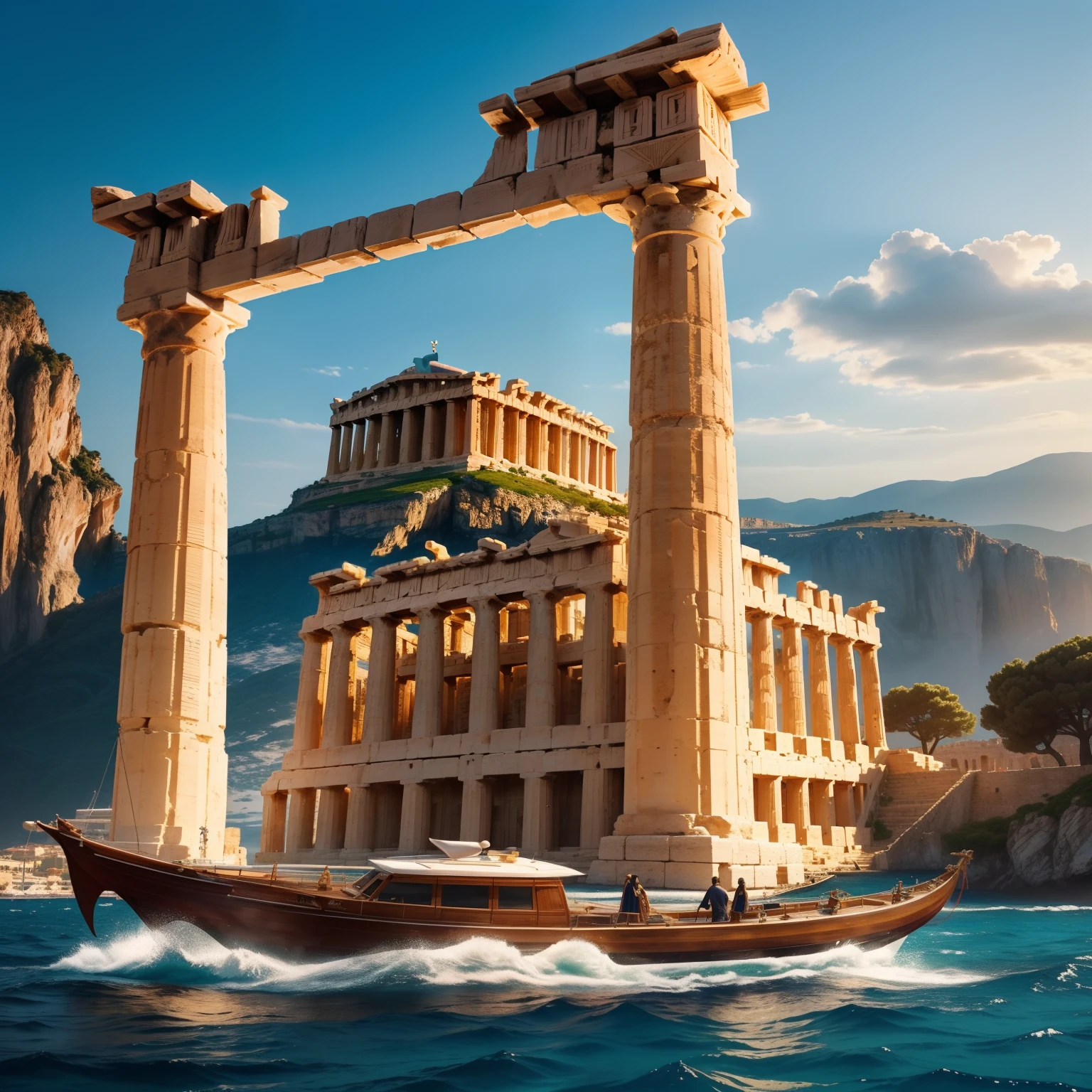 ((Majestic+Fantastic) ancient Greece), (Envision+imagine) an epic and mysterious scene. Visualize ancient (ships+boats+yachts) sailing gracefully along the (serene+beautiful) shores, surrounded by (magnificent+towering) ancient Greek buildings.