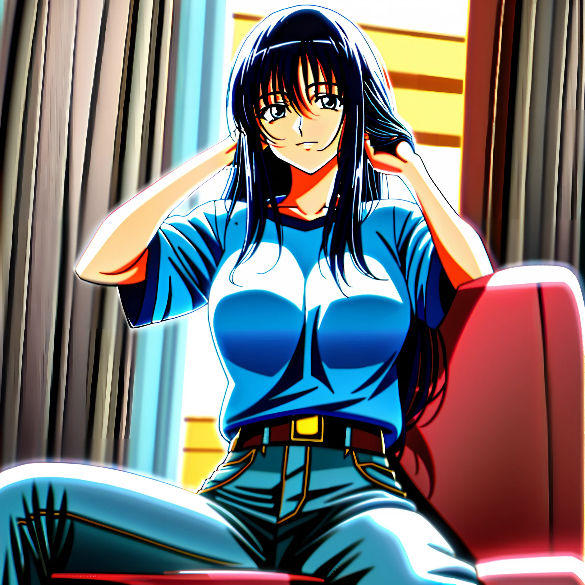 Anime image of a woman wearing white short sleeves,There is only one person in the scene,Sitting in a chair in blue jeans,little breast,Black hair,Adults,Black colored eyes,Behind are the windows,In the art style of an anime from the 80s,80s anime art style,1980'sanimestyle,Retro anime girl,90s anime art style,Loepfe anime style 80 seconds,an retro anime image,ssmile,Close-up Shot Shot