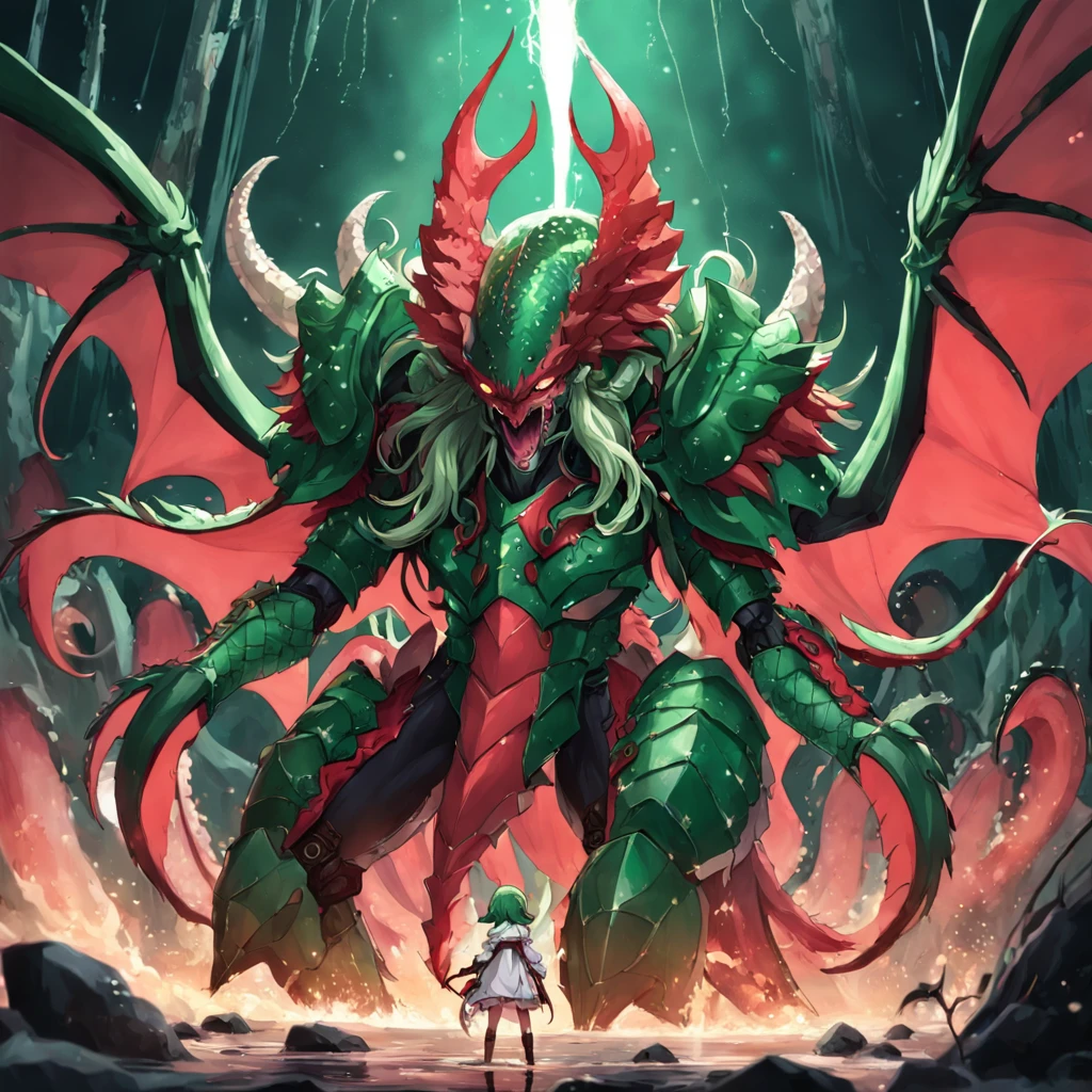 cephalopod, green intricate scaled tentacles, crimson and white armor made of fangs and scales, green wild mane, red helm, Fallen angel and duke of hell, masterpiece, Best Quality
