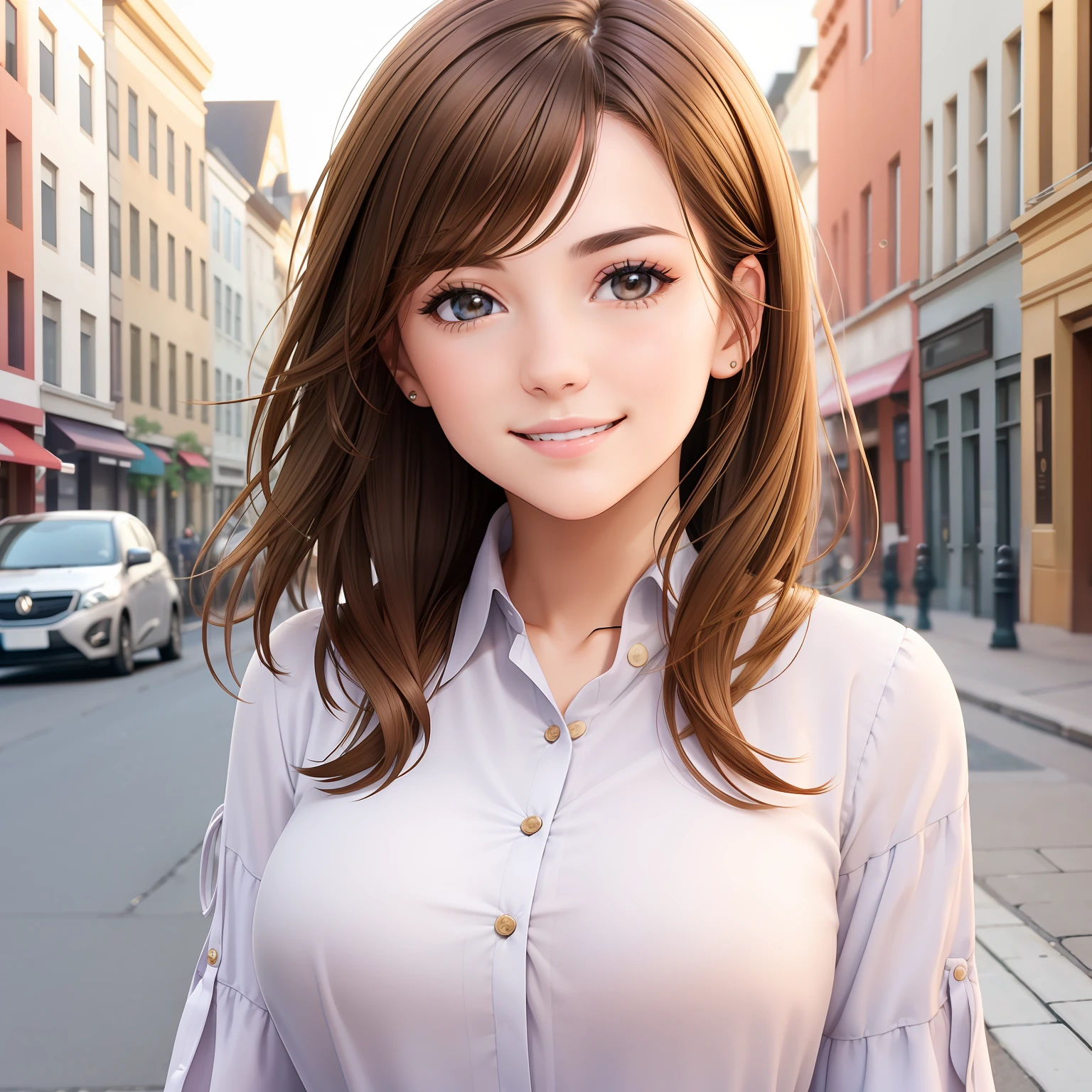 Close up of a young woman smiling, brown hair moved from a little wind, occidental face, in a street of a city, a light lip gloss on her lips, lots of details, modest not-revealing shirt