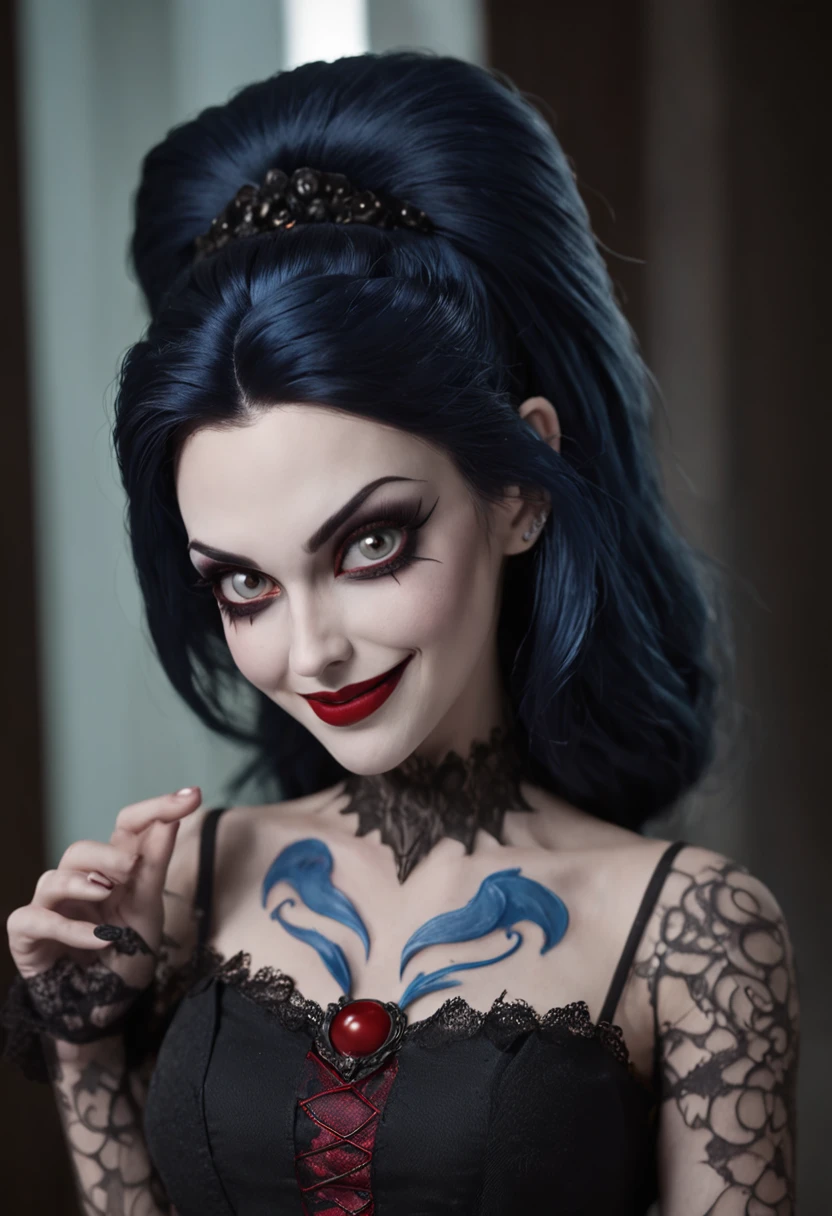 A Colored Tattoo Art Masterpiece, Mavis Kate Dracula from Mavis hotel transylvania, Smiling, Cheering, gray blue skin, black hair, perfect face, perfect fangs, perfect head, Perfect eyes, detailed and Intrincicated, HD