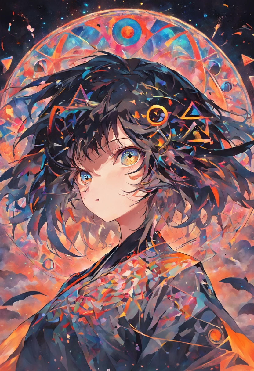 circle combined with triangle, chakra, art style DMT, psilocybin, sacred geometric symbol, depicting philosophy of life, yin and yang, birth and death, yin and yang eyes in in the middle of the language, clearly showing left eye letters "yin" and right eye letters "yang" characters in Chinese