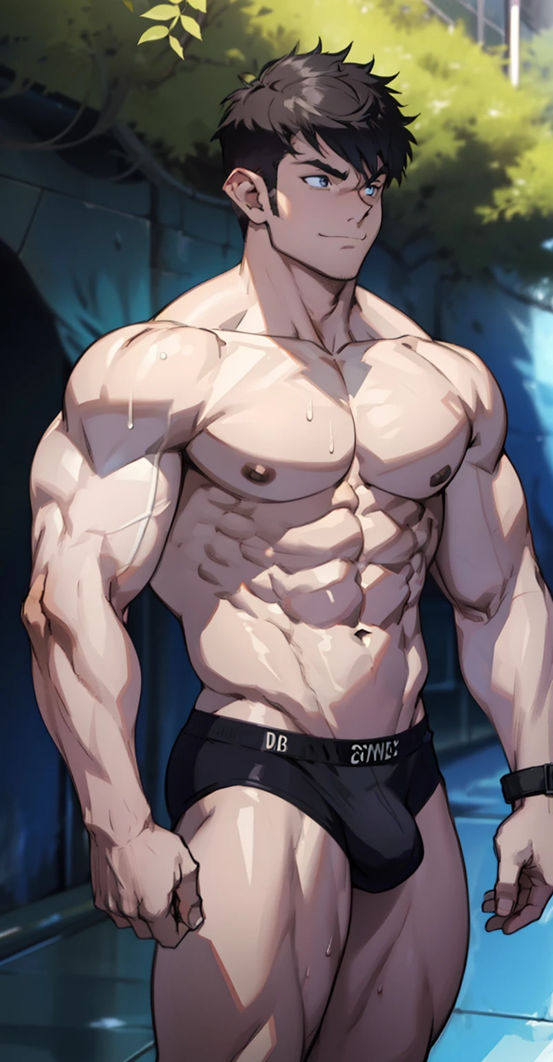 (straight photo )(highest quality photo) elf boy,no beard,cute young face,royal,wearing tight black briefs,short black briefs revealing huge muscular thighs, Underpants bulging in the middle due to genitals, cute young face, hairstyle with bangs, huge muscular chest muscles, big strong thighs and sinewy muscles, muscular biceps ,giant body, topless, white skin, super shiny skin, dripping sweat