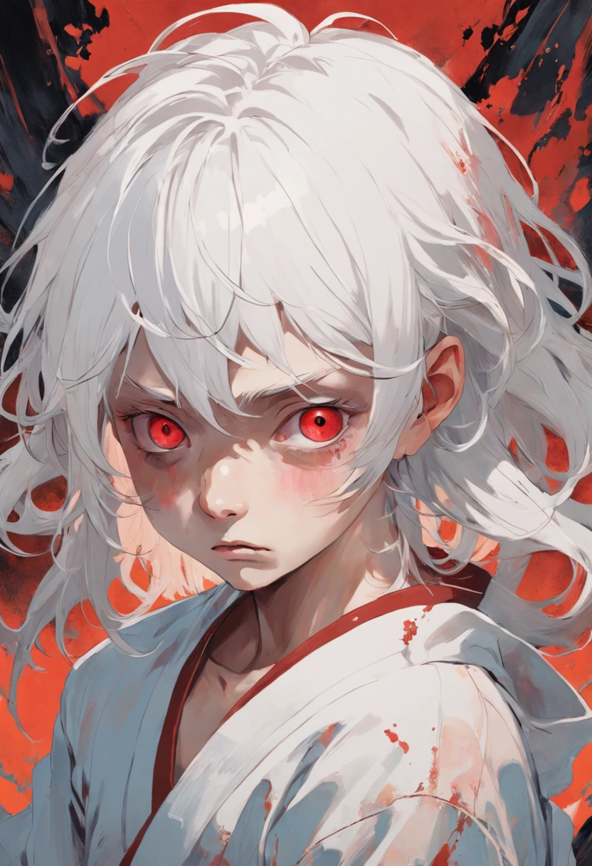young boy with white hair and red eyes, There is ugliness in beauty, But there is also beauty in ugliness, In the style of Adrian Ghenie, Esao Adrews, Jenny Saville, Edward Hopper, surrealism, Dark Art par James Jean, Takato Yamato, Minimalism inkpunk, masterpiece, best quality, ultra detailed, Detailed Light, Vibrant colors, Detailed face, Deitaled Eyes, darkly