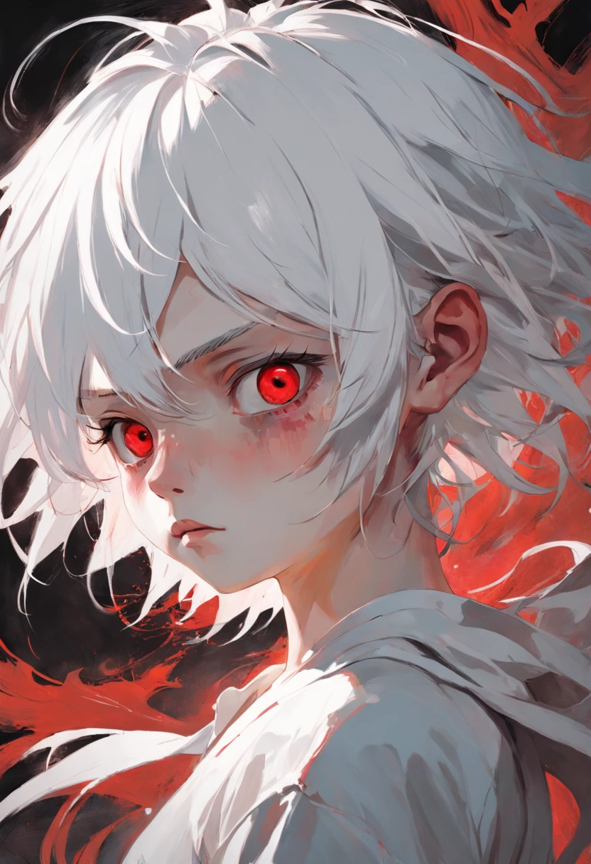 young boy with white hair and red eyes, There is ugliness in beauty, But there is also beauty in ugliness, In the style of Adrian Ghenie, Esao Adrews, Jenny Saville, Edward Hopper, surrealism, Dark Art par James Jean, Takato Yamato, Minimalism inkpunk, masterpiece, best quality, ultra detailed, Detailed Light, Vibrant colors, Detailed face, Deitaled Eyes, darkly