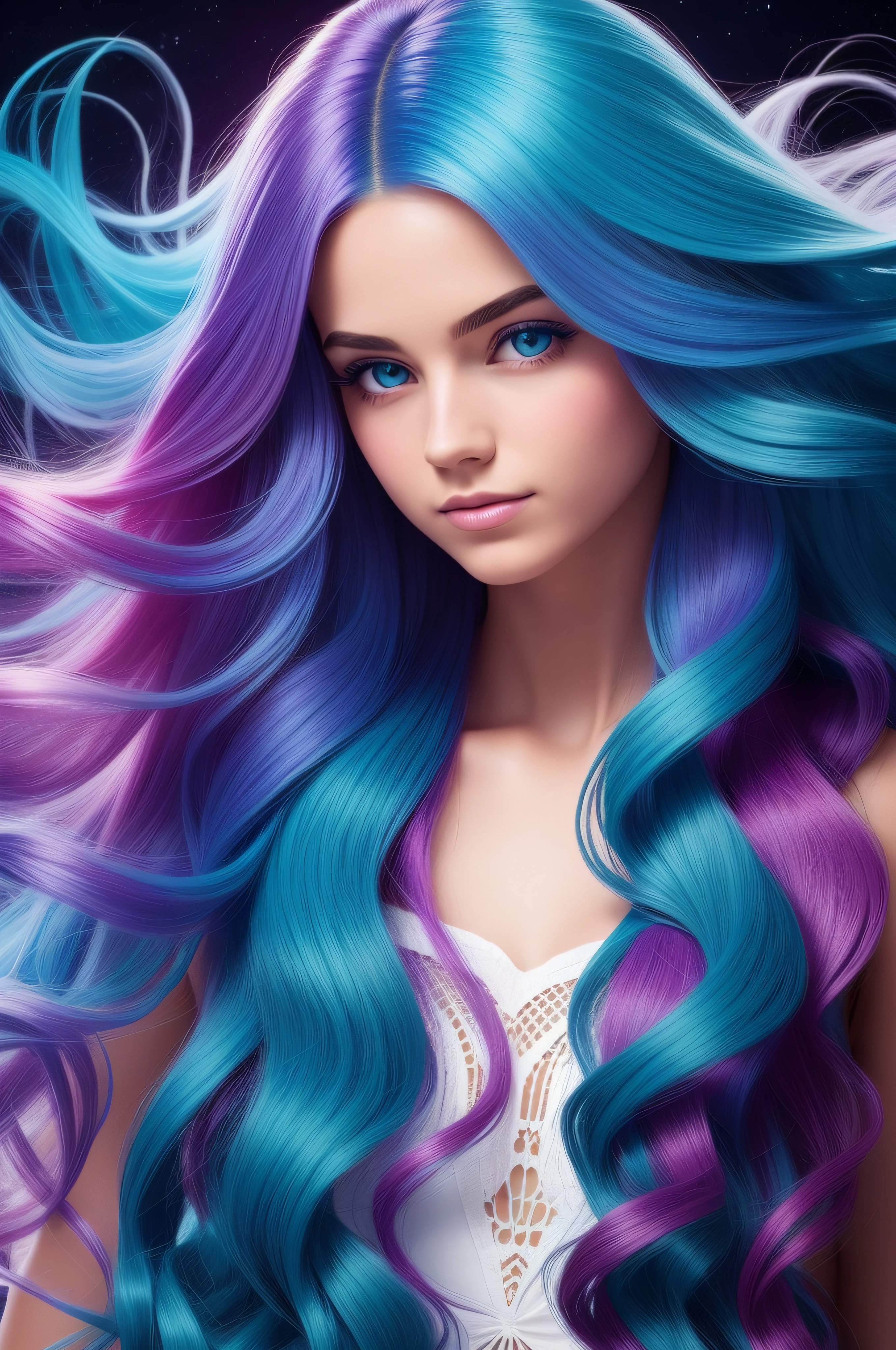 mysterious girl with magical hair that glowed in variant colors.